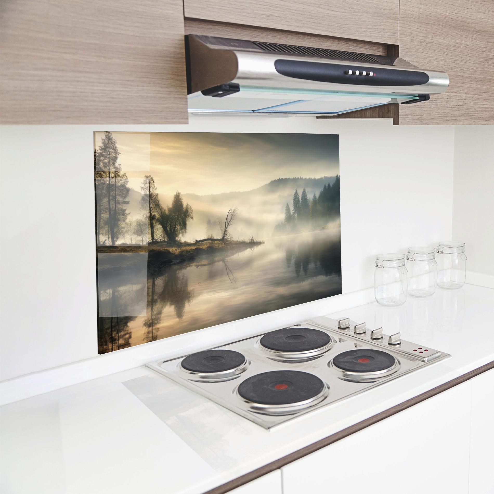 Konyhai üveg hátfal Foggy Morning mockup 8