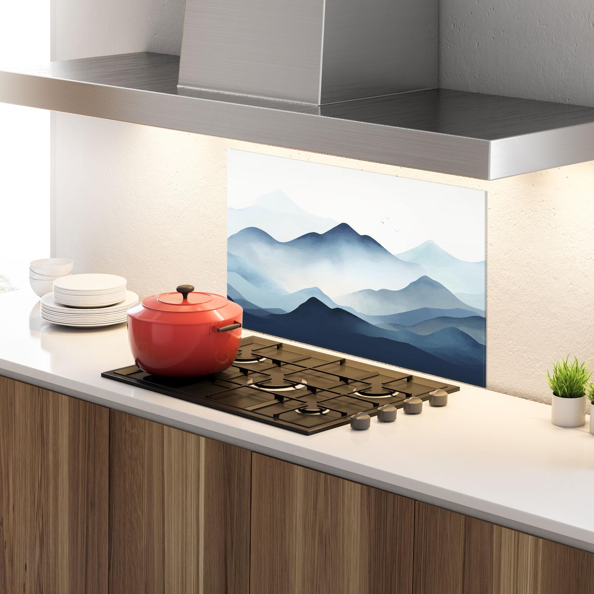 Konyhai üveg hátfal Blue Foggy Mountain mockup 4