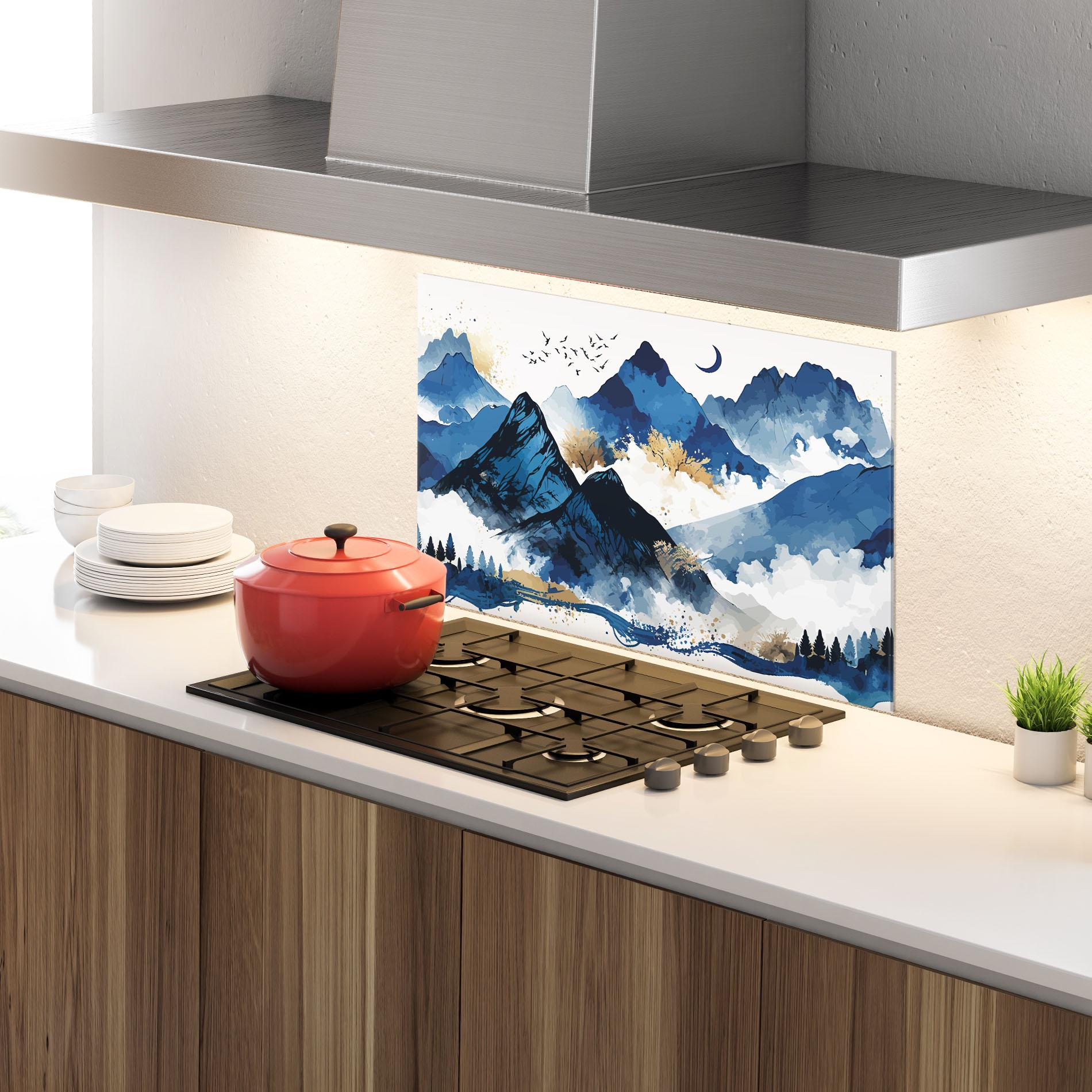 Konyhai üveg hátfal Blue Mountain Moon mockup 4