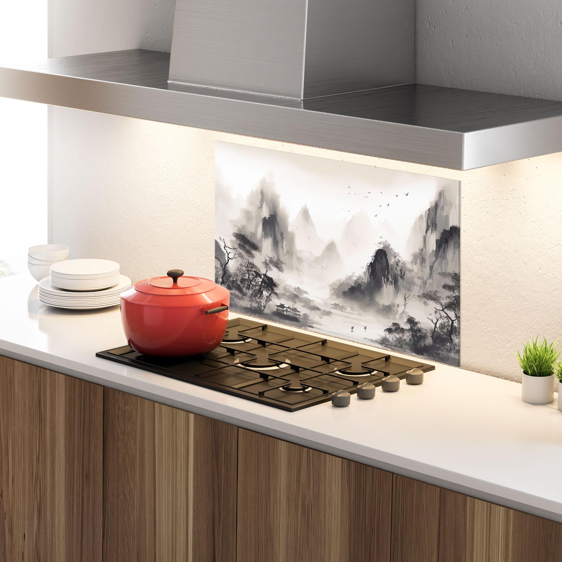 Konyhai üveg hátfal Far Away Mountain mockup 4