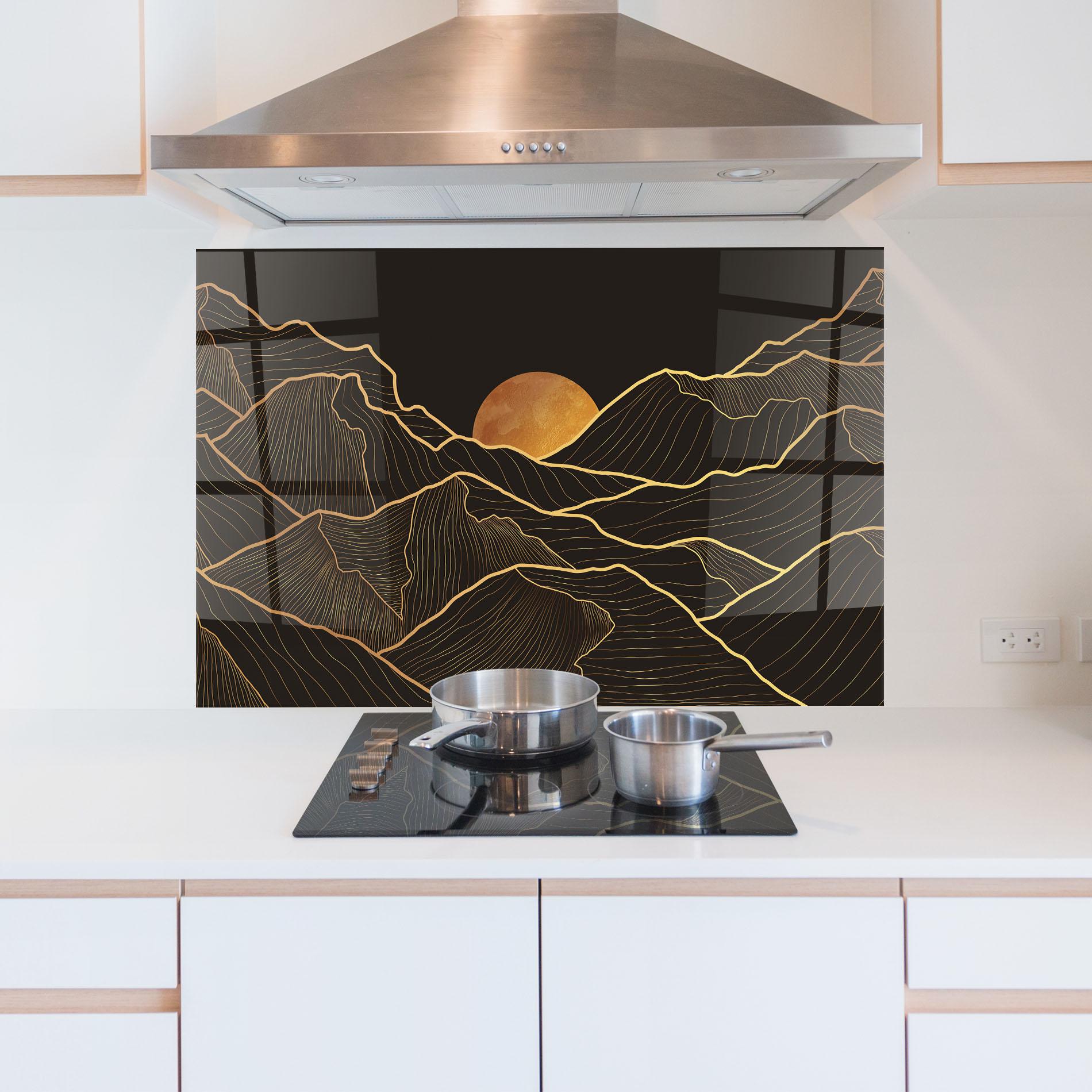 Konyhai üveg hátfal Black Gold Mountains mockup 5