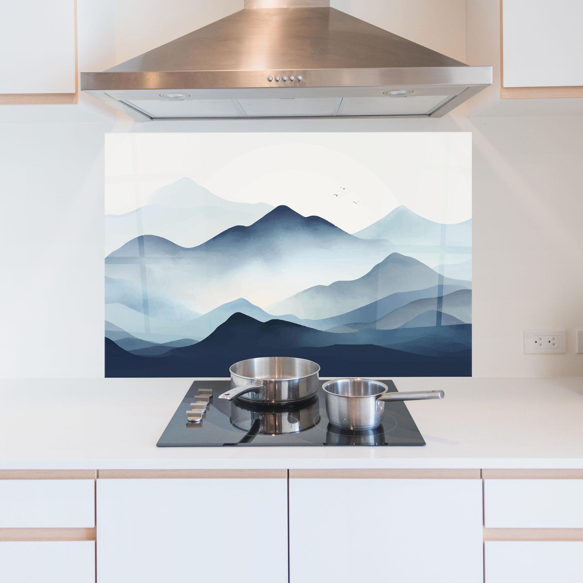 Konyhai üveg hátfal Blue Foggy Mountain mockup 5