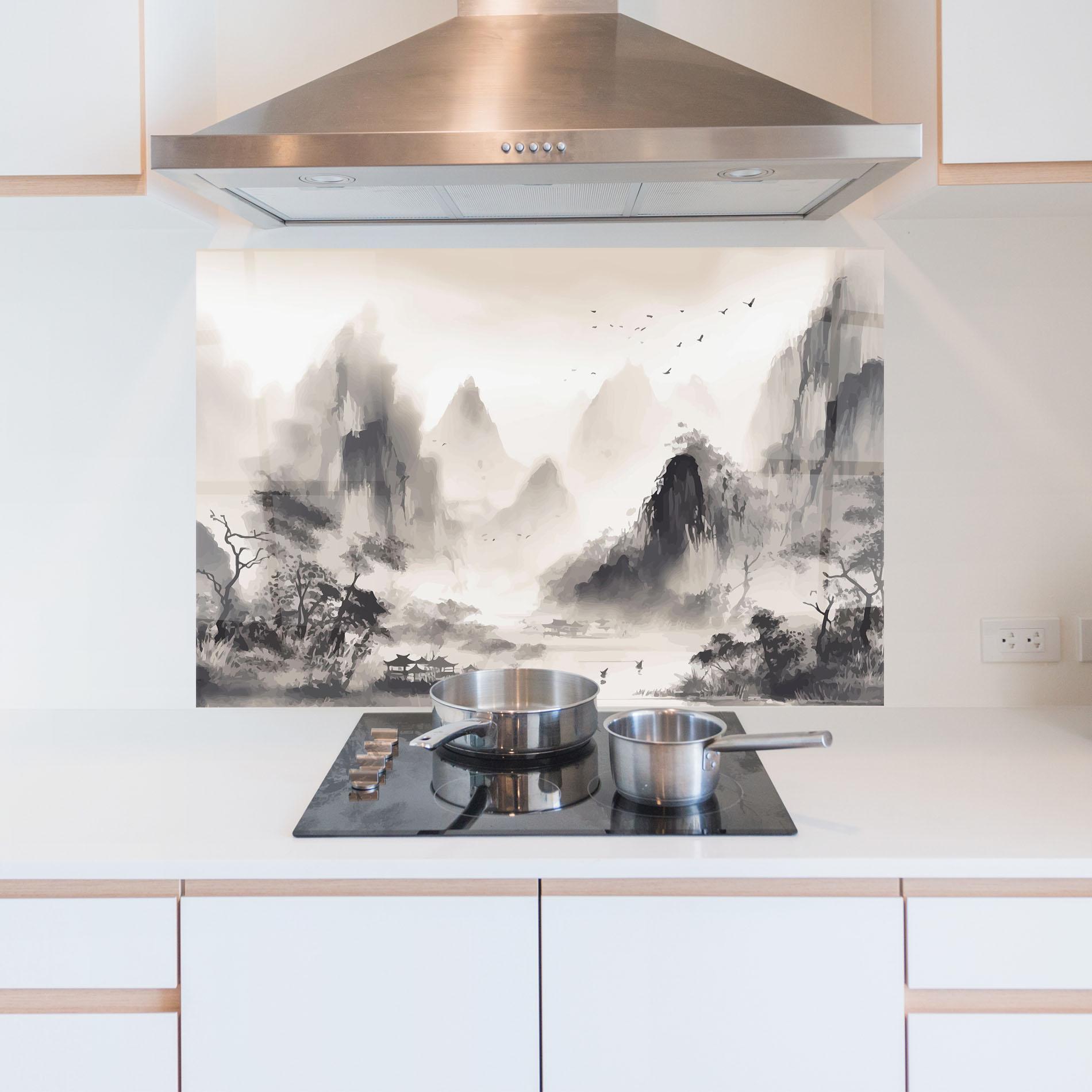 Konyhai üveg hátfal Far Away Mountain mockup 5