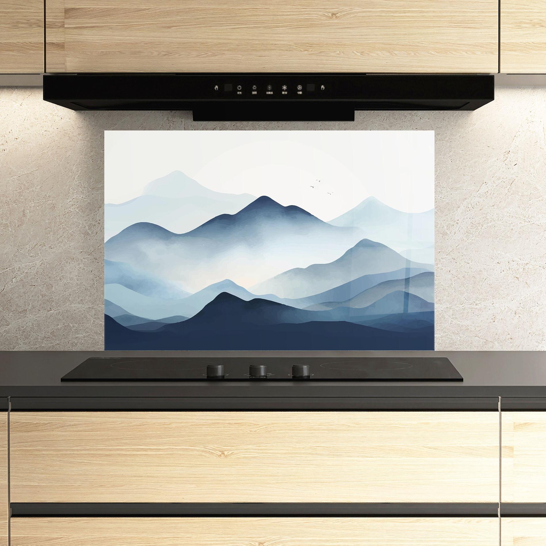 Konyhai üveg hátfal Blue Foggy Mountain mockup 3