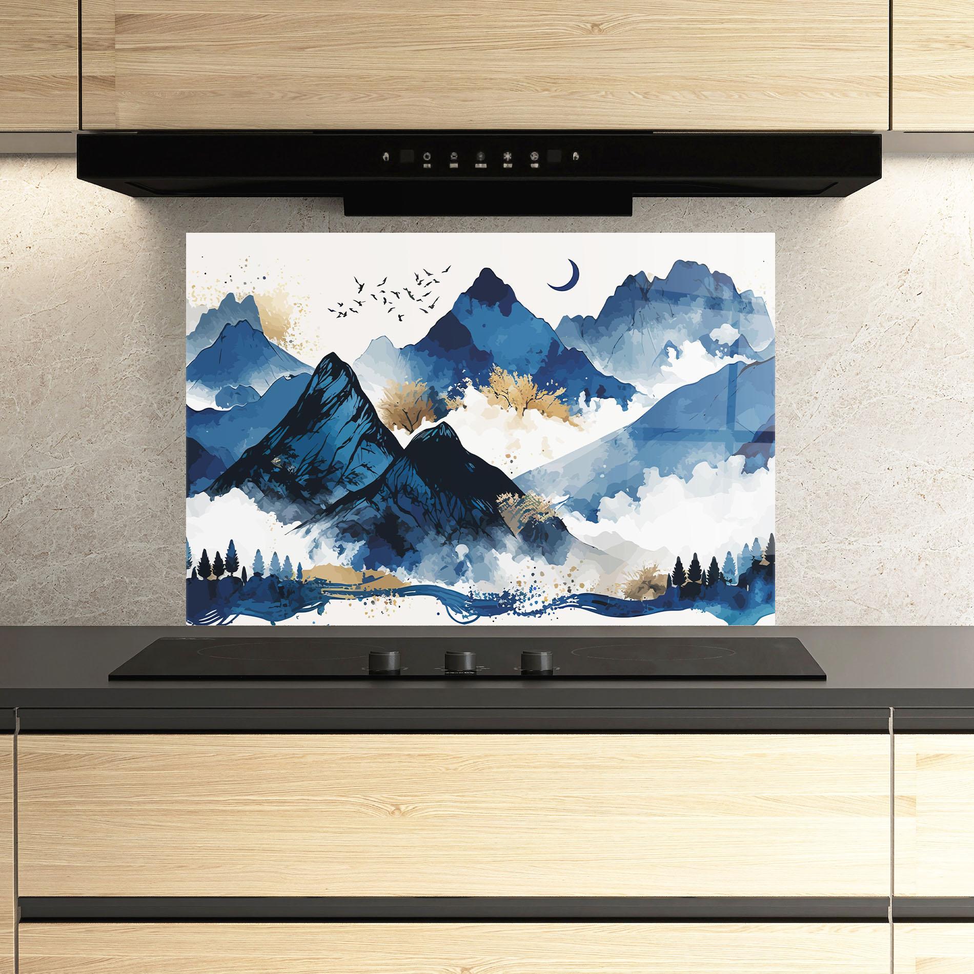 Konyhai üveg hátfal Blue Mountain Moon mockup 3