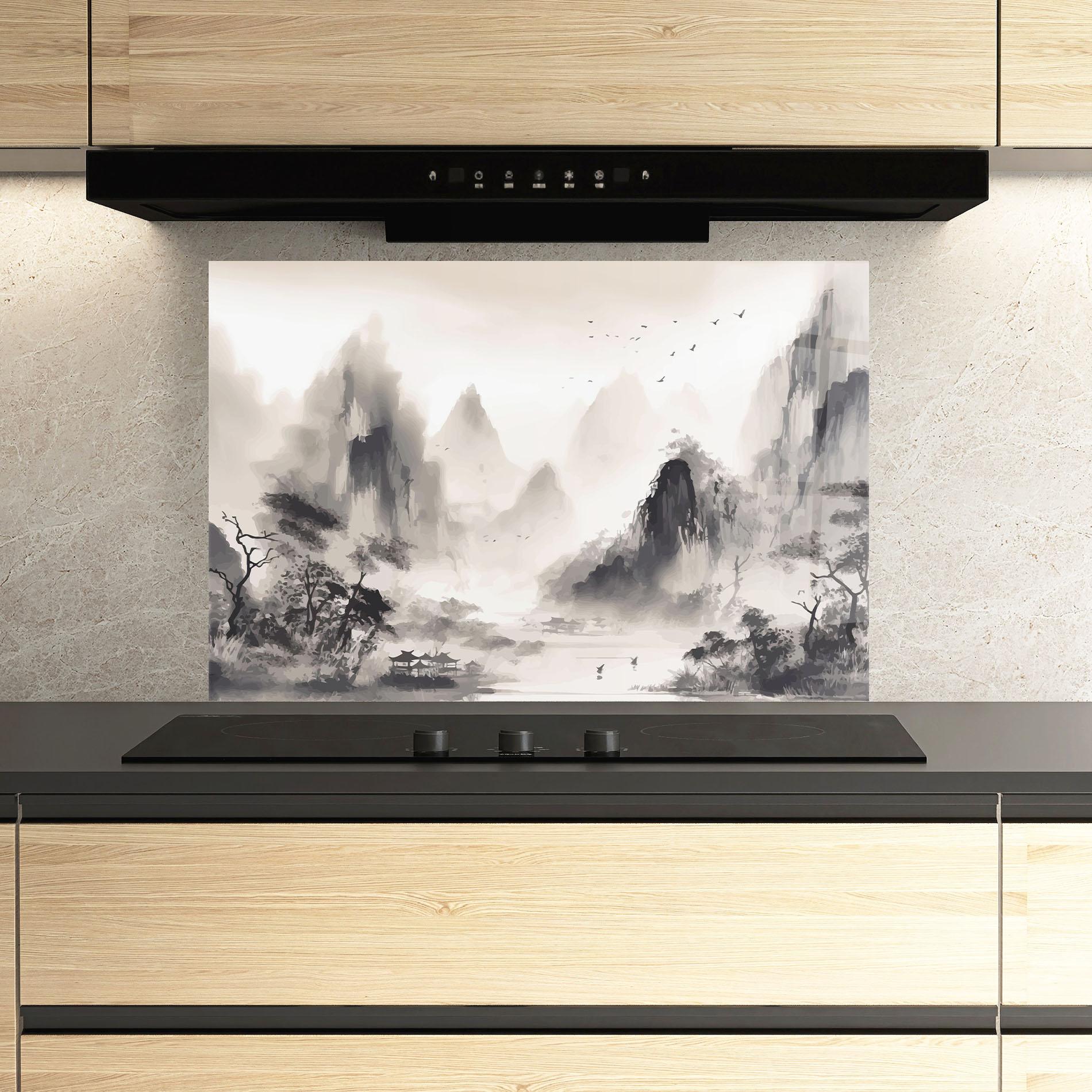 Konyhai üveg hátfal Far Away Mountain mockup 3