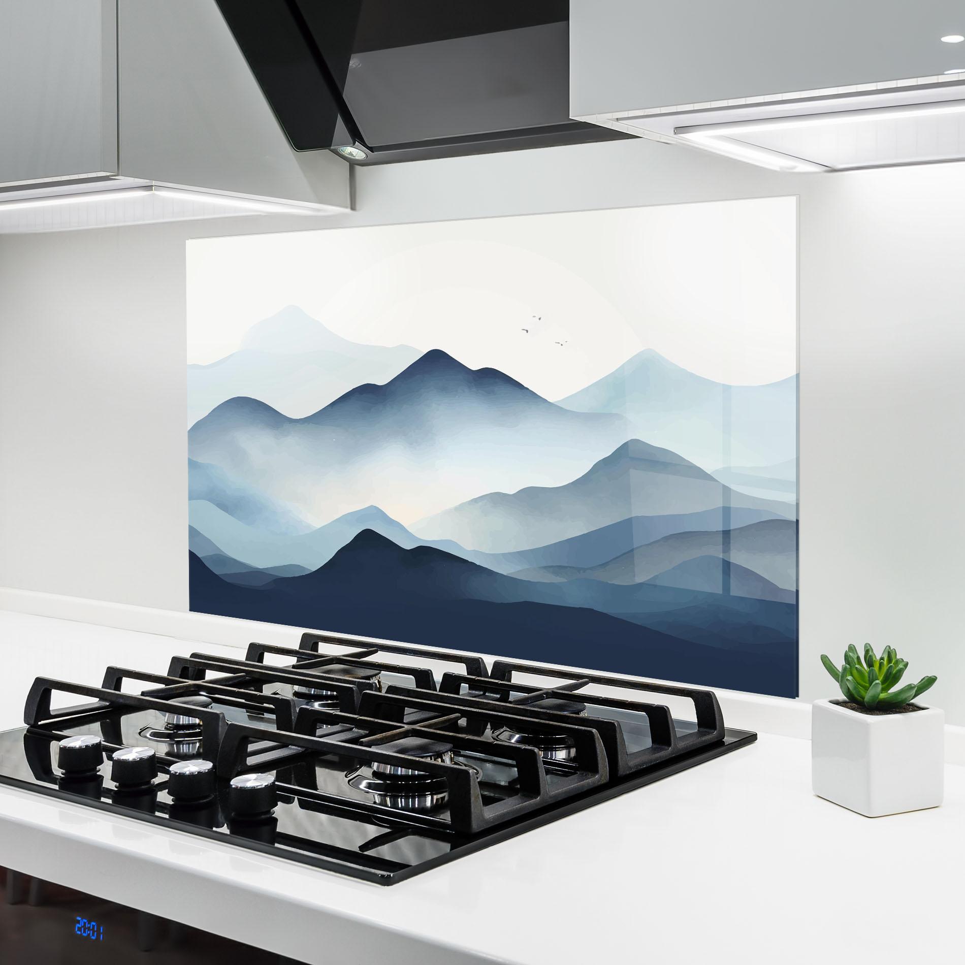 Konyhai üveg hátfal Blue Foggy Mountain mockup 6