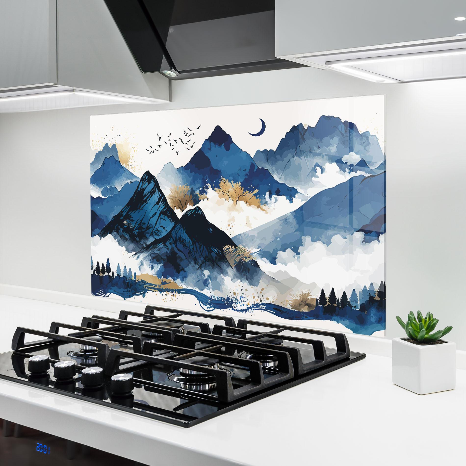 Konyhai üveg hátfal Blue Mountain Moon mockup 6