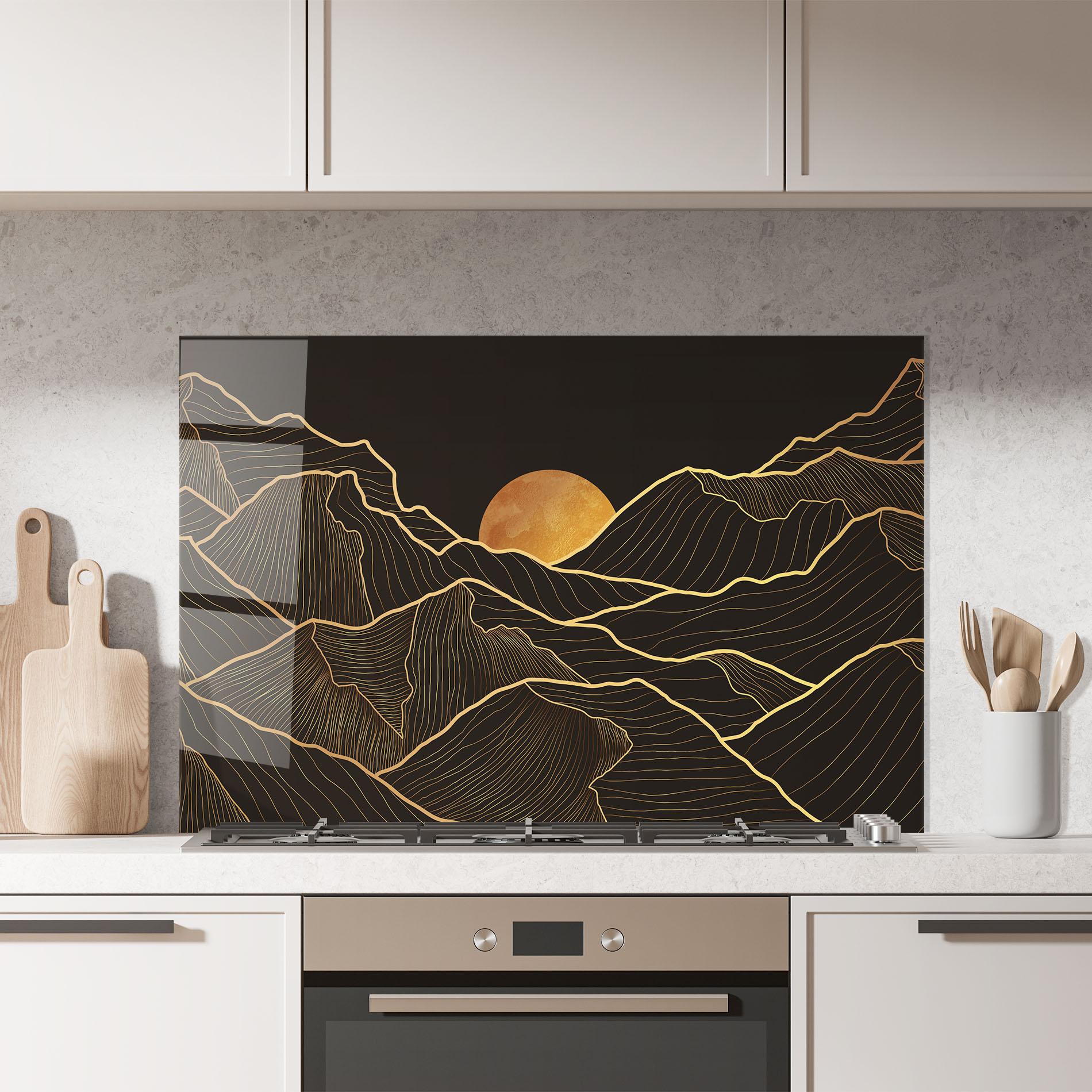 Konyhai üveg hátfal Black Gold Mountains mockup 7
