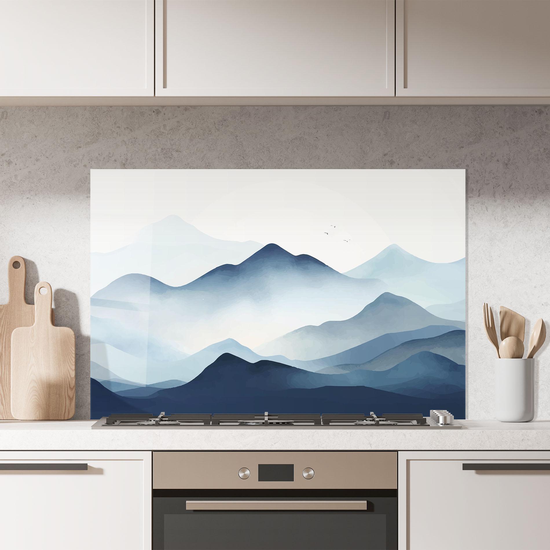 Konyhai üveg hátfal Blue Foggy Mountain mockup 7