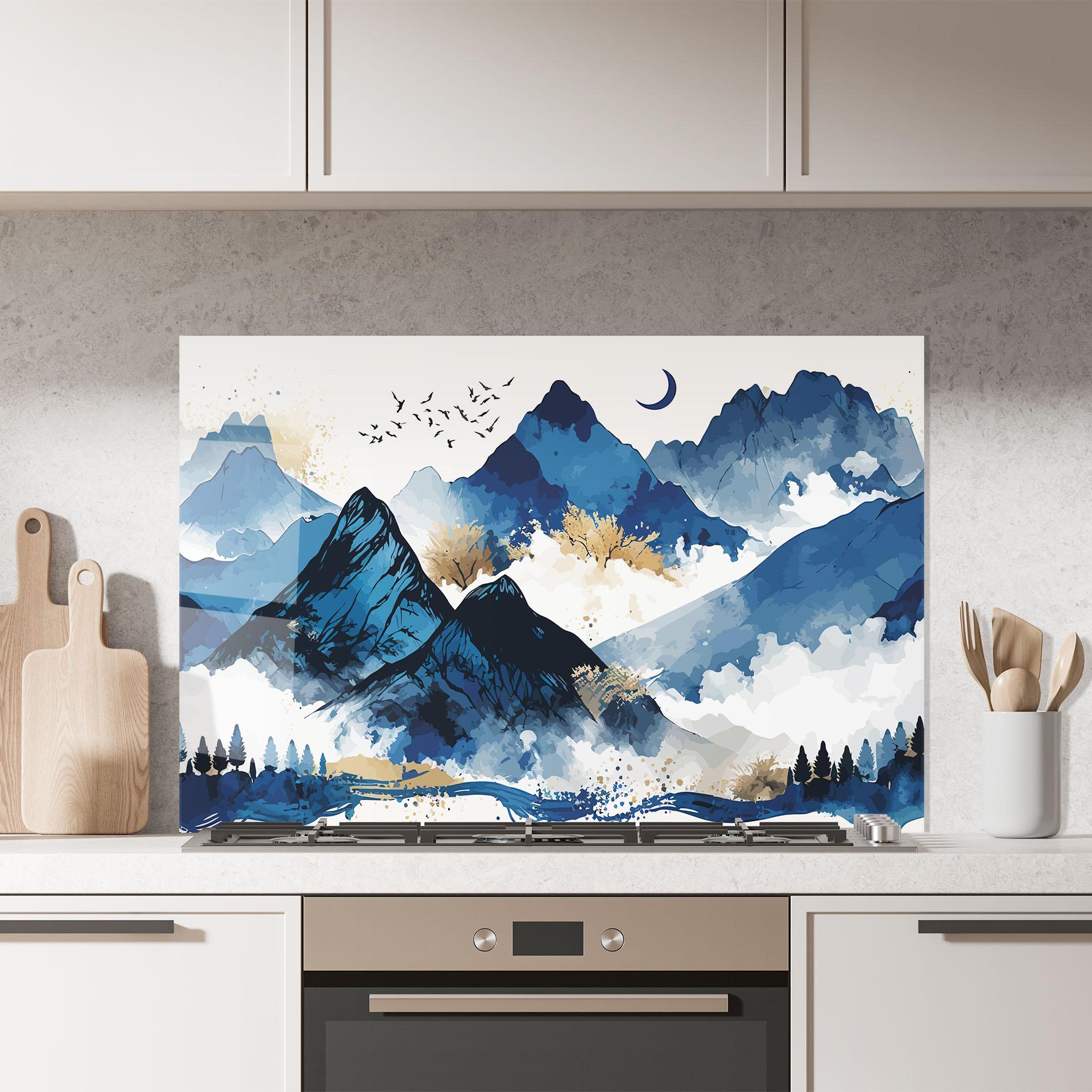 Konyhai üveg hátfal Blue Mountain Moon mockup 7