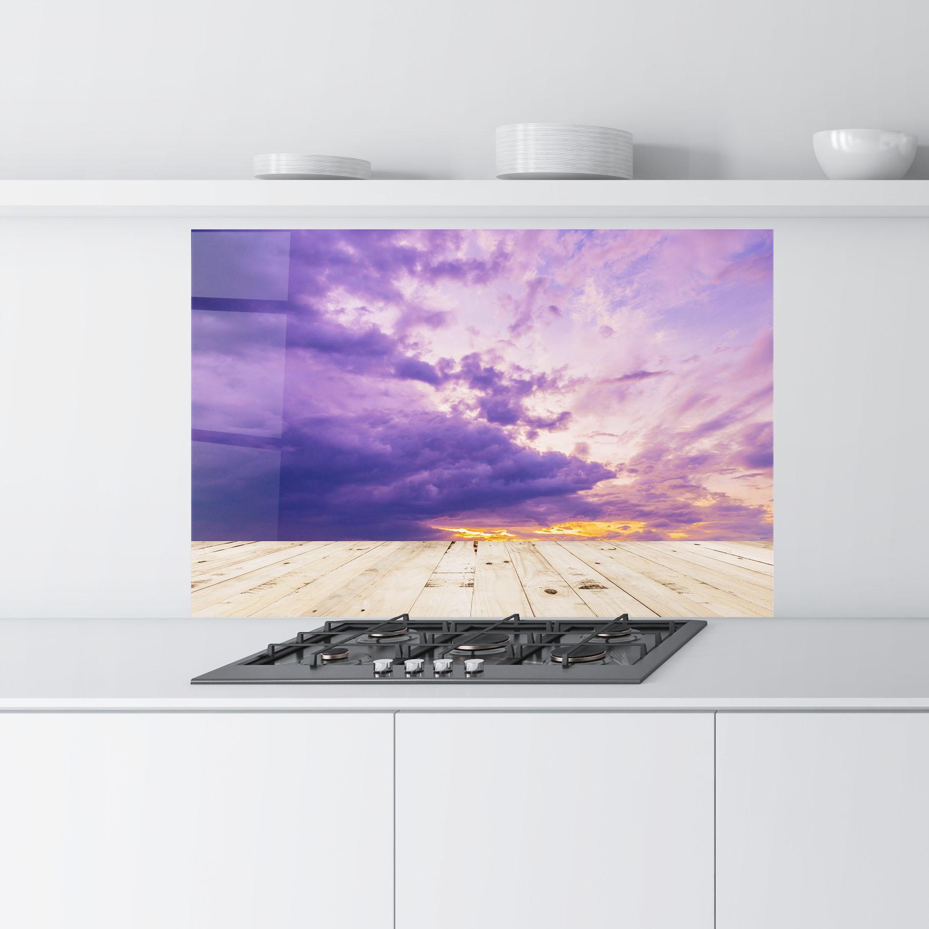 Konyhai üveg hátfal Wood Table Clouds mockup 9