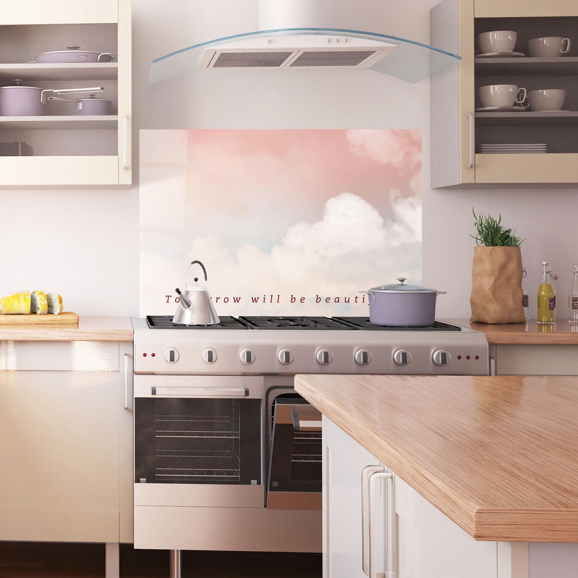 Konyhai üveg hátfal Clouds Text Pink Blue mockup 1