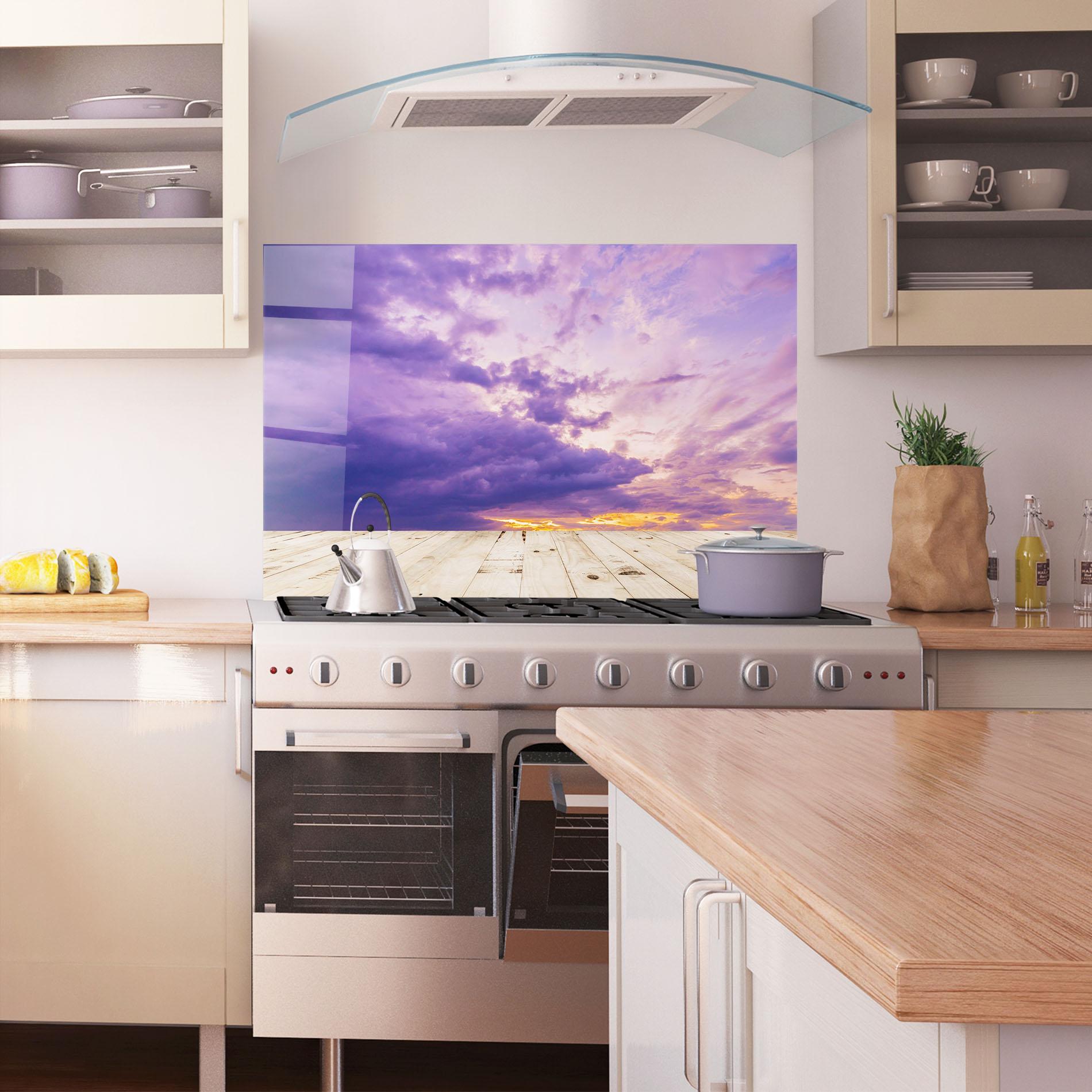 Konyhai üveg hátfal Wood Table Clouds mockup 1
