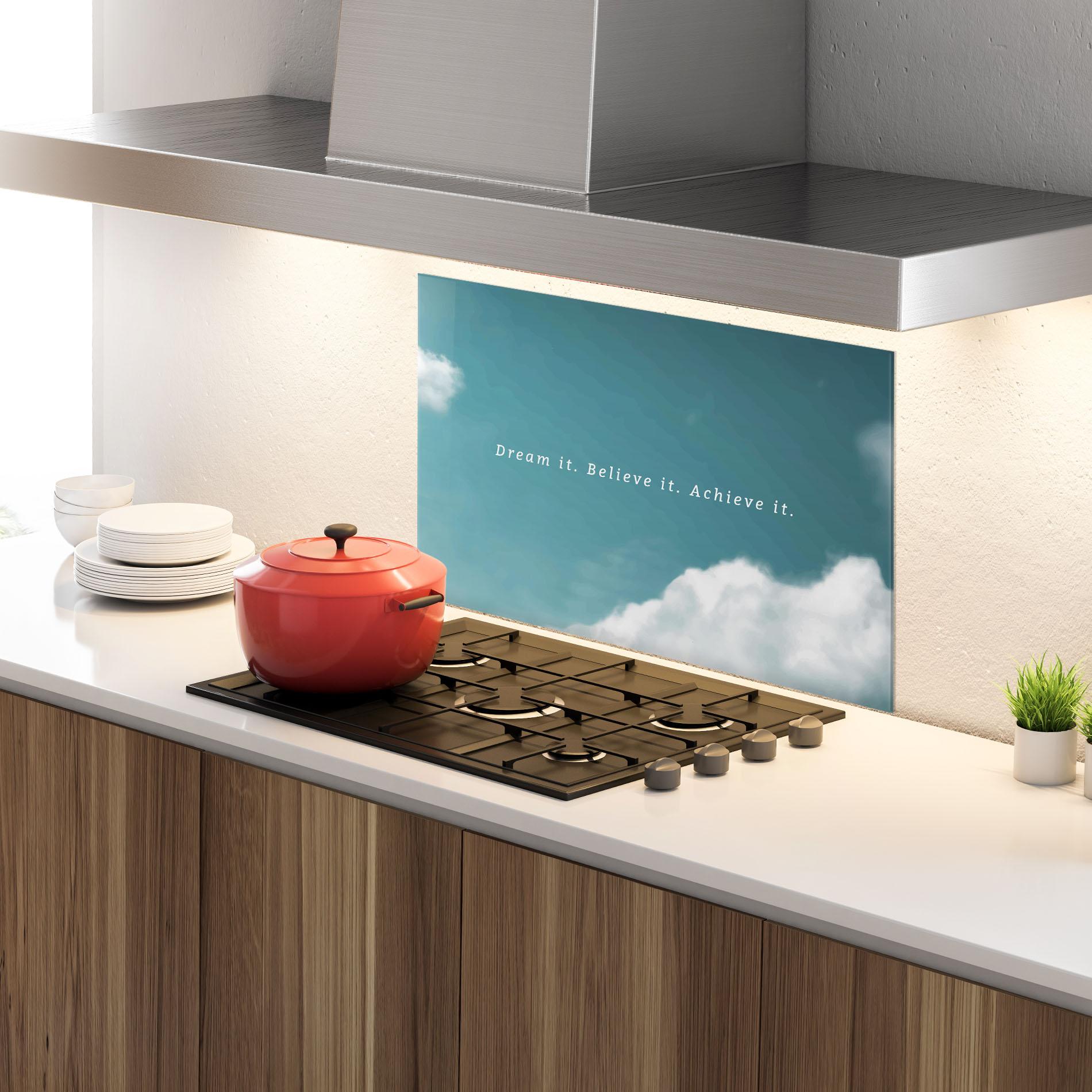 Konyhai üveg hátfal Clouds Text Green mockup 4