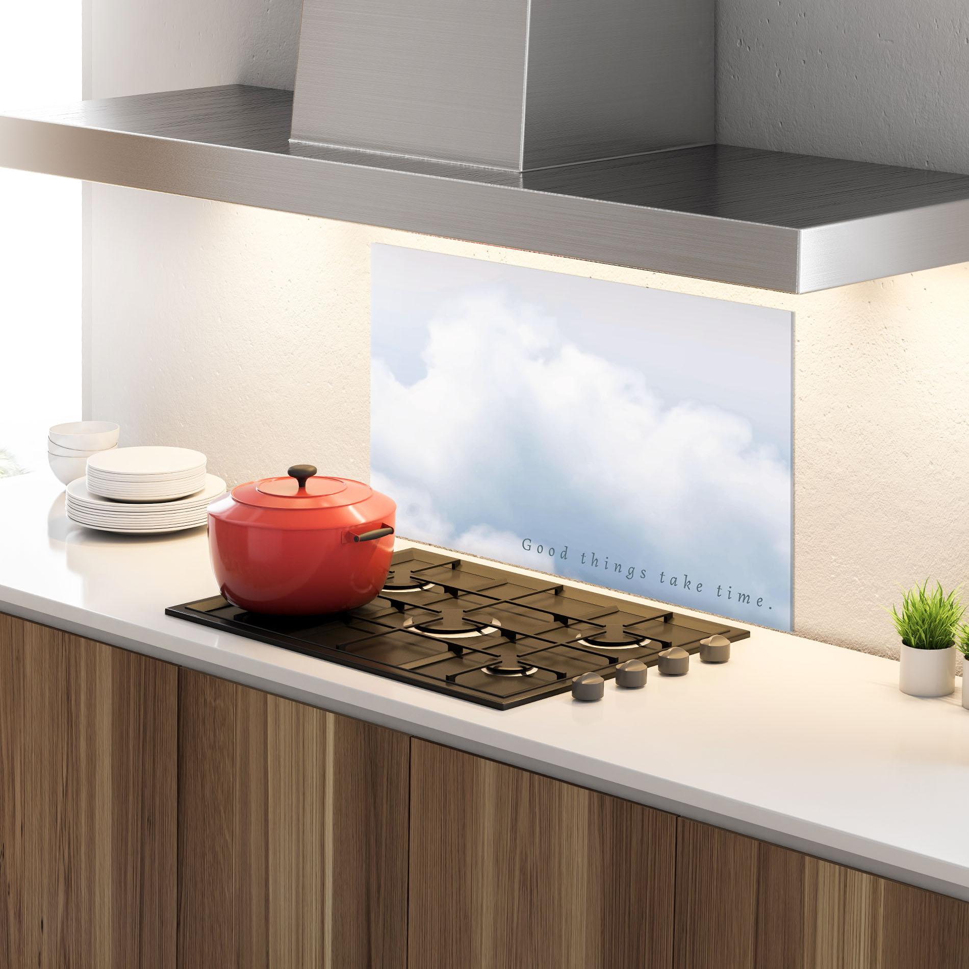 Konyhai üveg hátfal Clouds Text White mockup 4