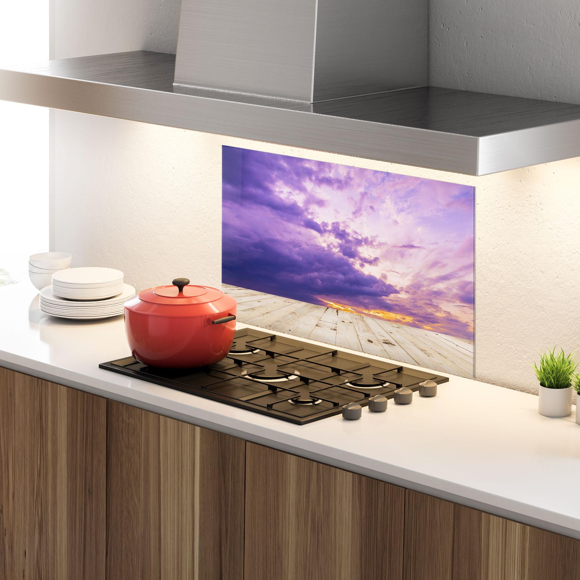 Konyhai üveg hátfal Wood Table Clouds mockup 4