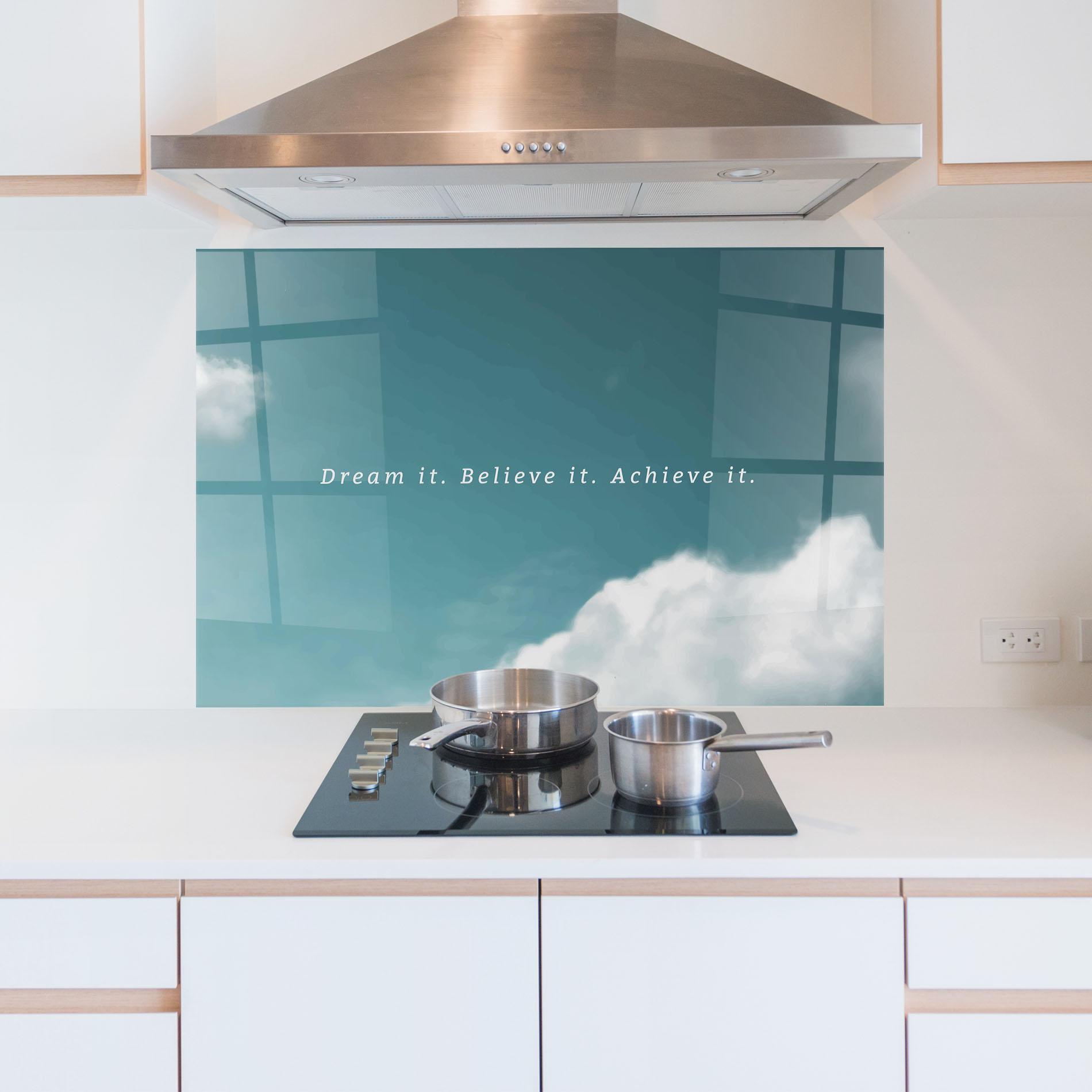 Konyhai üveg hátfal Clouds Text Green mockup 5