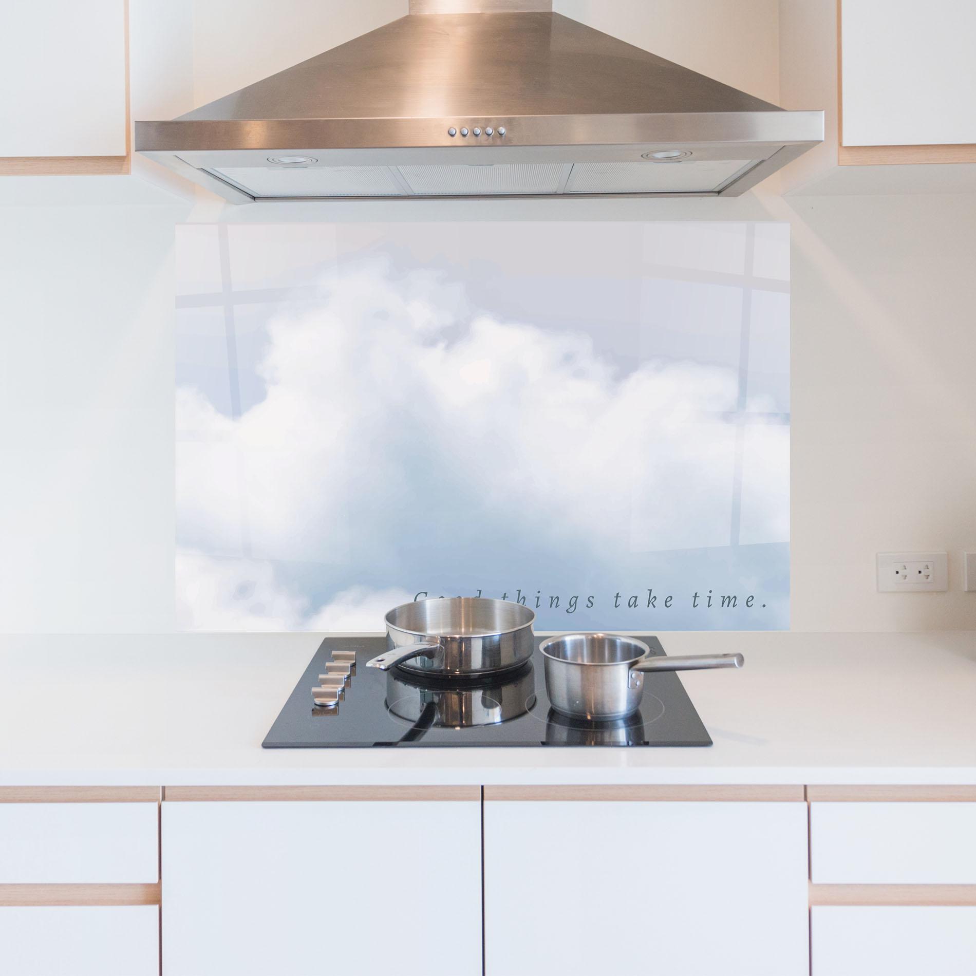 Konyhai üveg hátfal Clouds Text White mockup 5