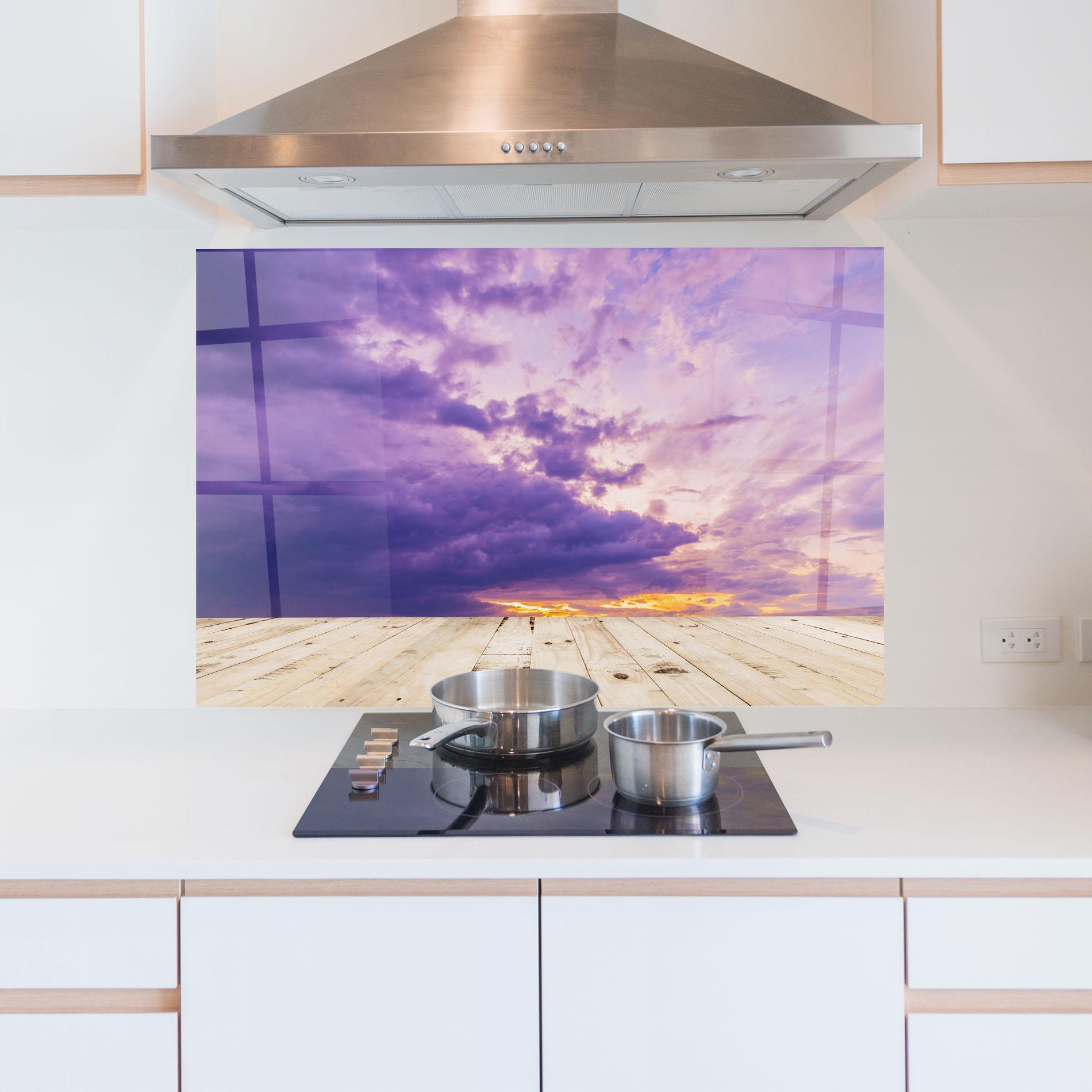 Konyhai üveg hátfal Wood Table Clouds mockup 5