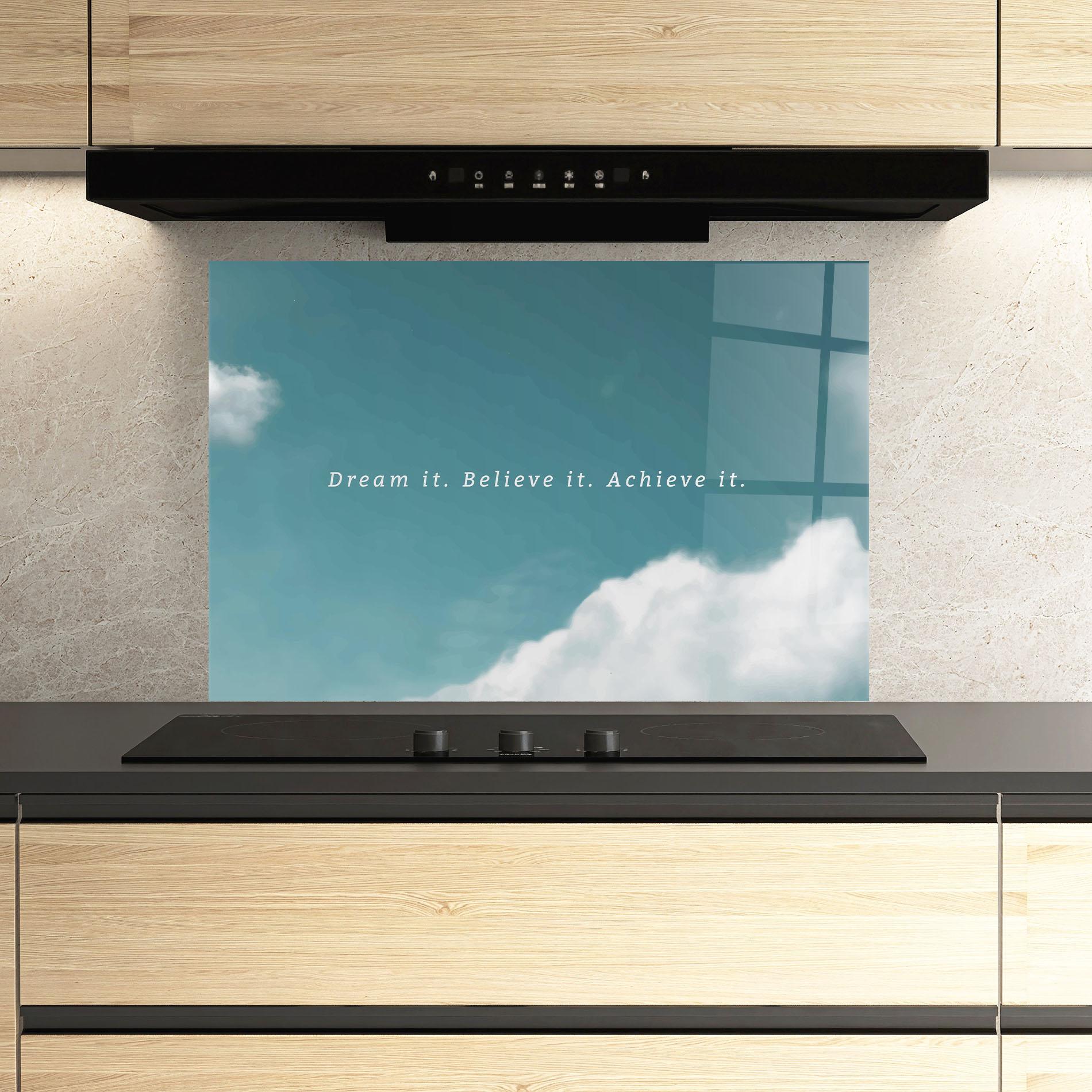 Konyhai üveg hátfal Clouds Text Green mockup 3