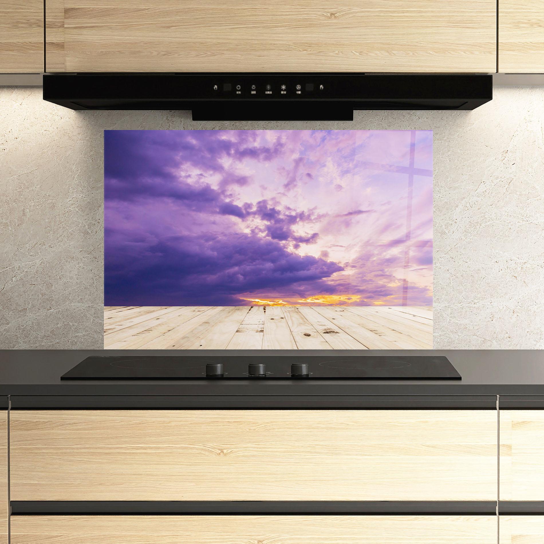 Konyhai üveg hátfal Wood Table Clouds mockup 3