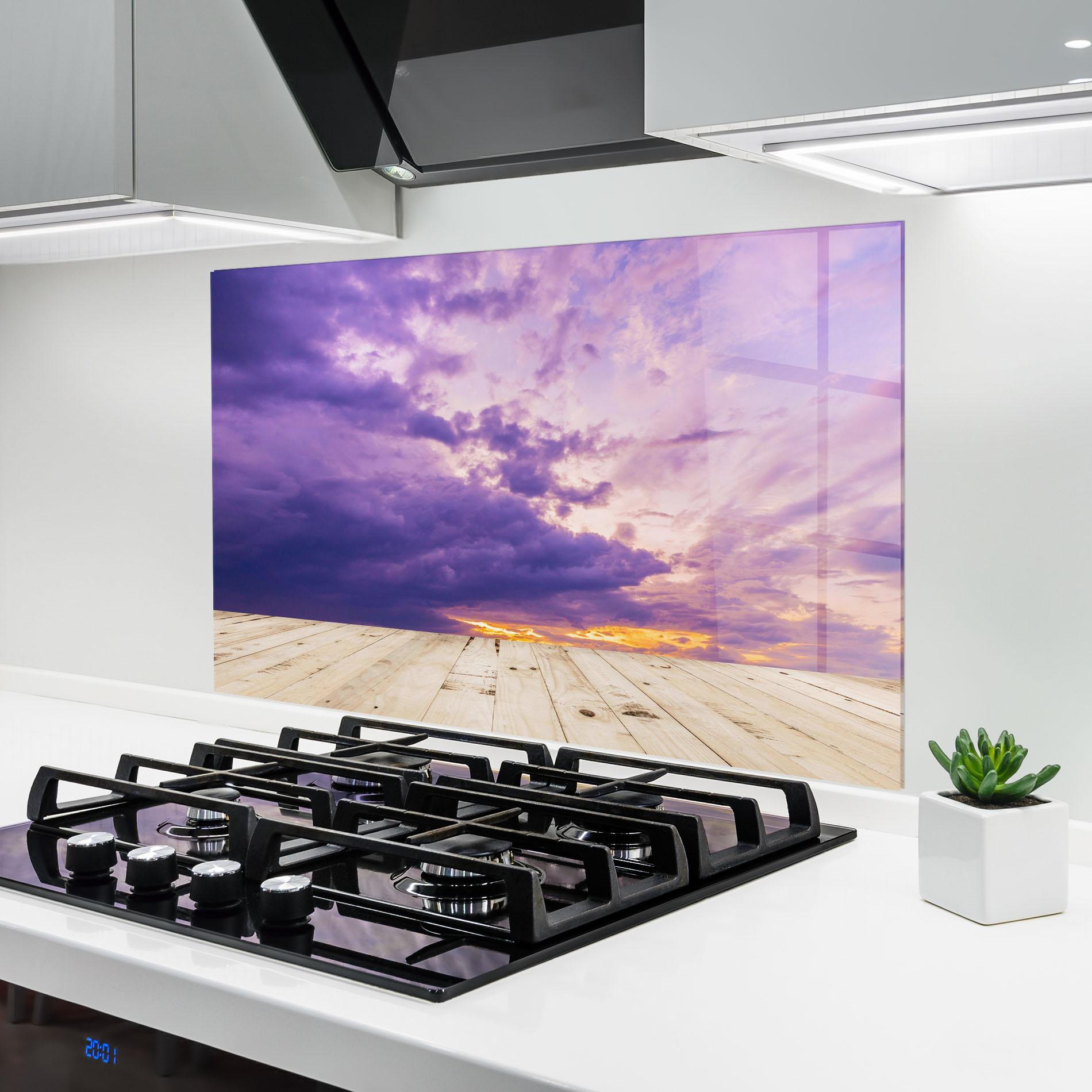 Konyhai üveg hátfal Wood Table Clouds mockup 6