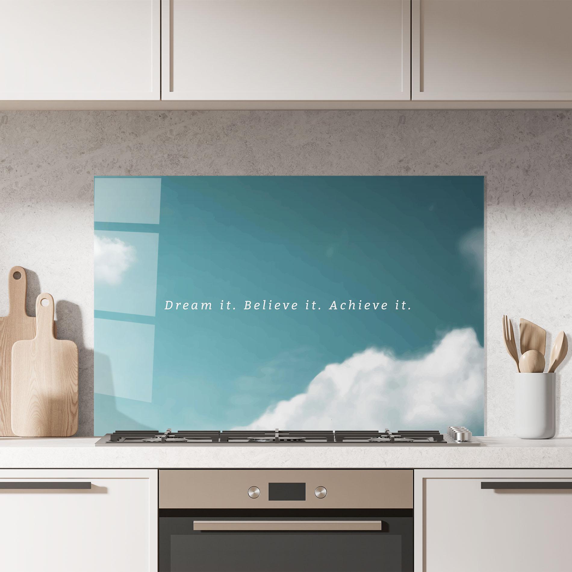 Konyhai üveg hátfal Clouds Text Green mockup 7