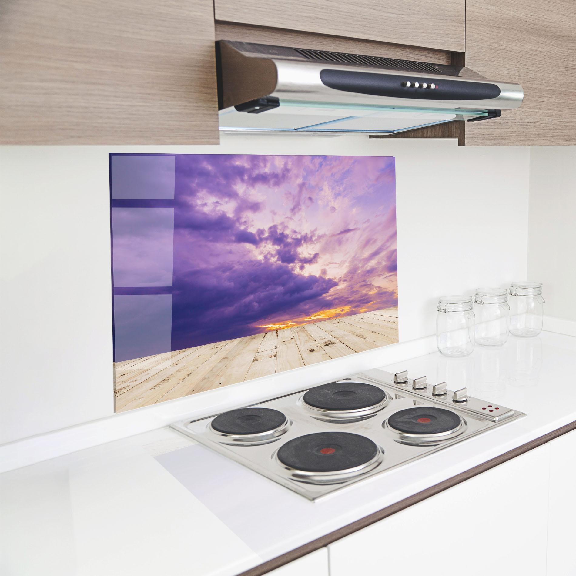Konyhai üveg hátfal Wood Table Clouds mockup 8
