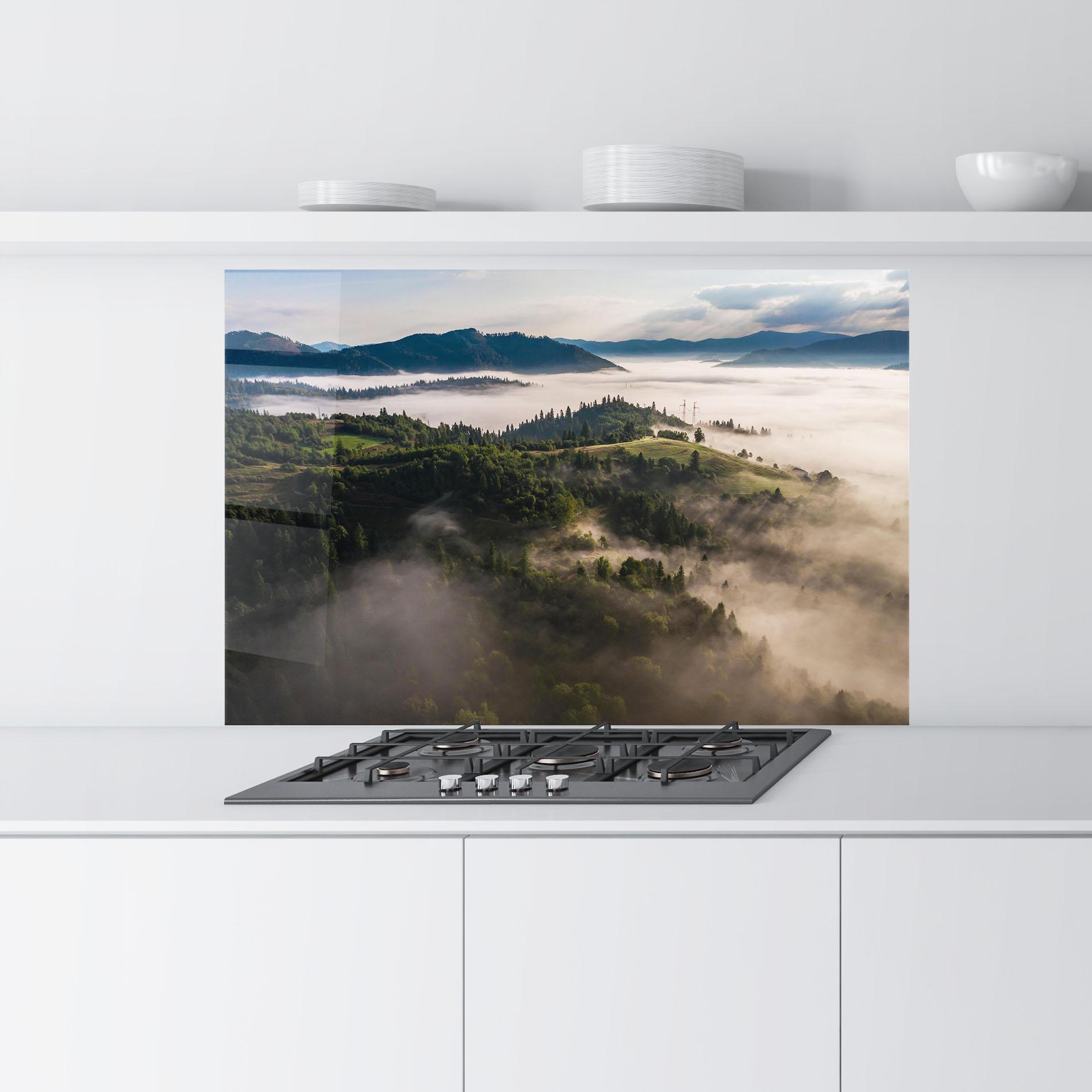 Konyhai üveg hátfal Foggy Forest View mockup 9