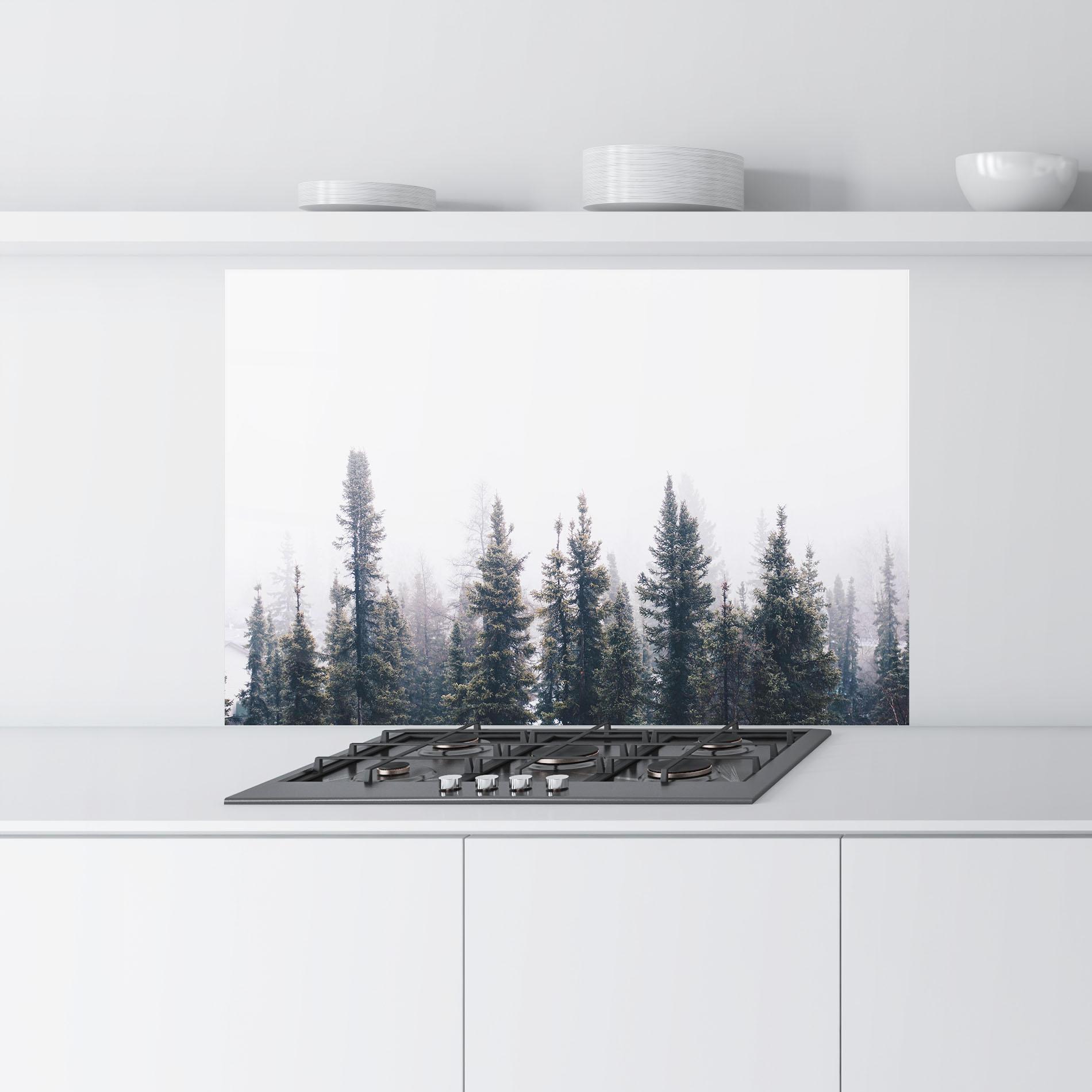 Konyhai üveg hátfal Grey Foggy Trees mockup 9