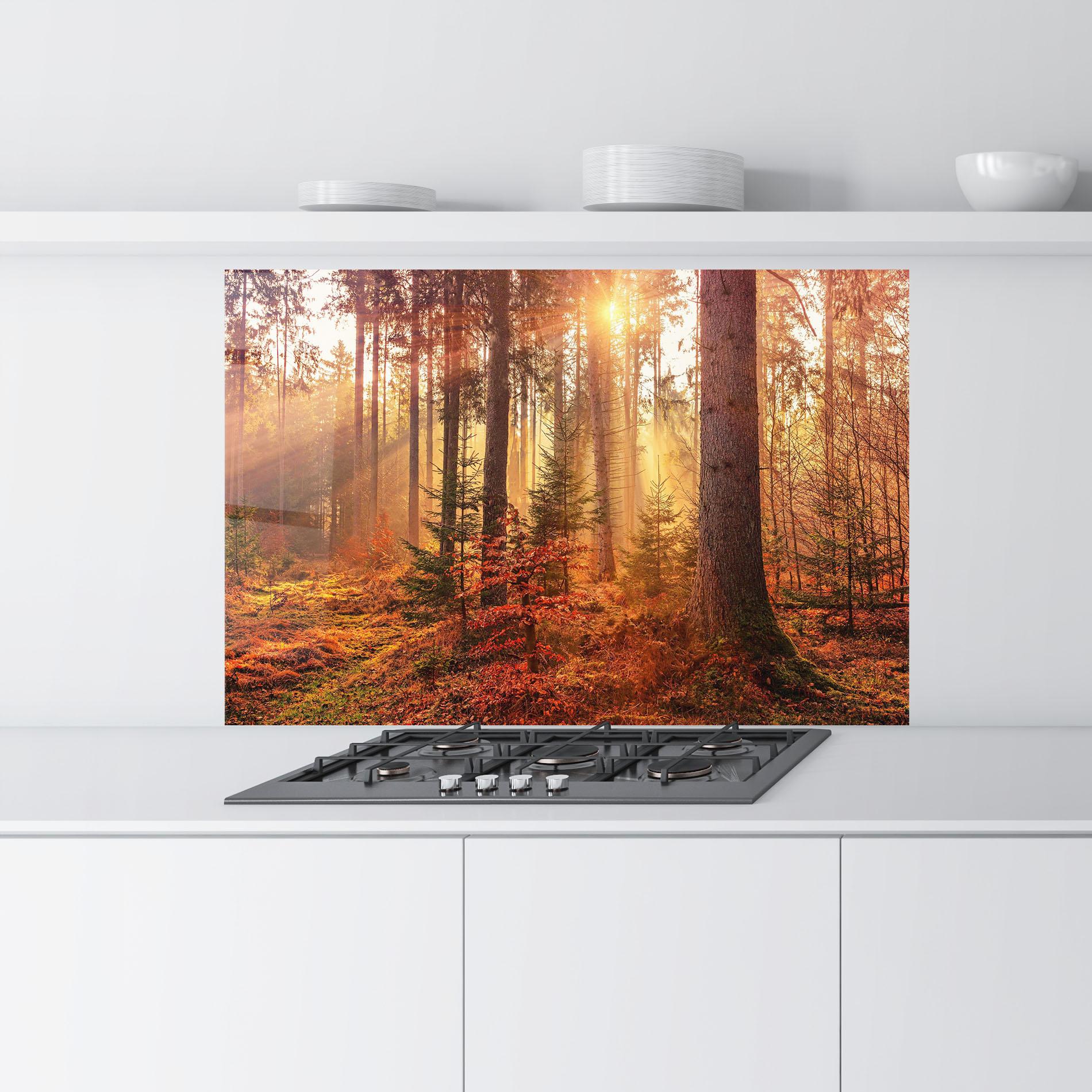 Konyhai üveg hátfal Orange Light Forest mockup 9