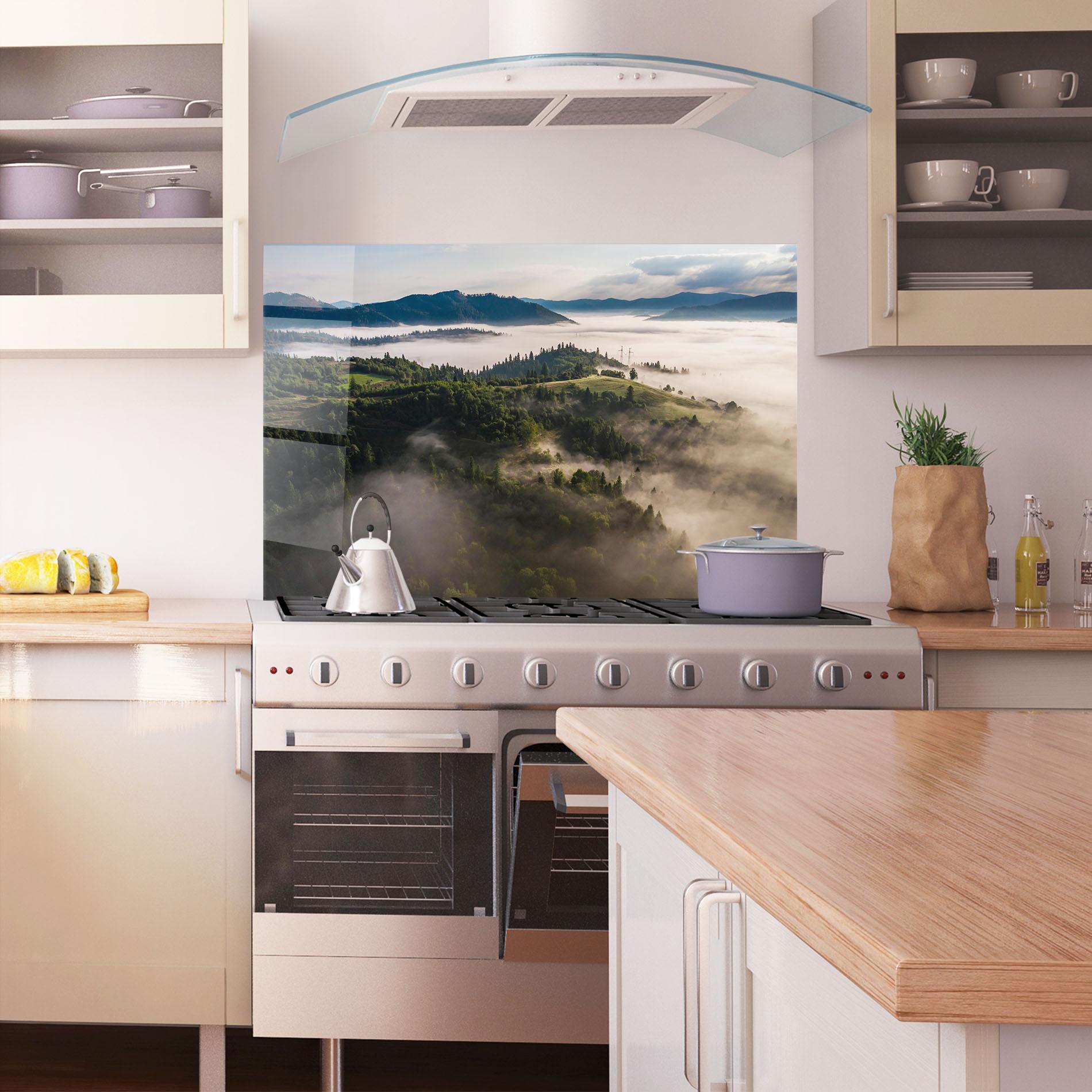 Konyhai üveg hátfal Foggy Forest View mockup 1