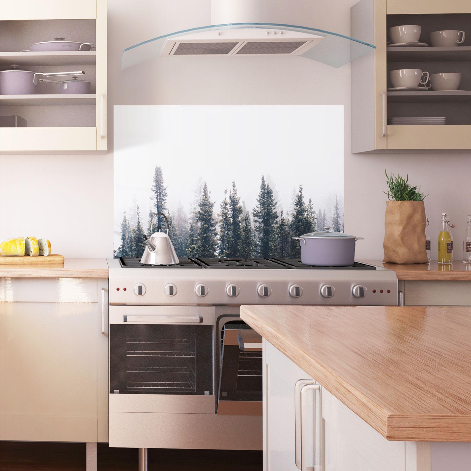 Konyhai üveg hátfal Grey Foggy Trees mockup 1
