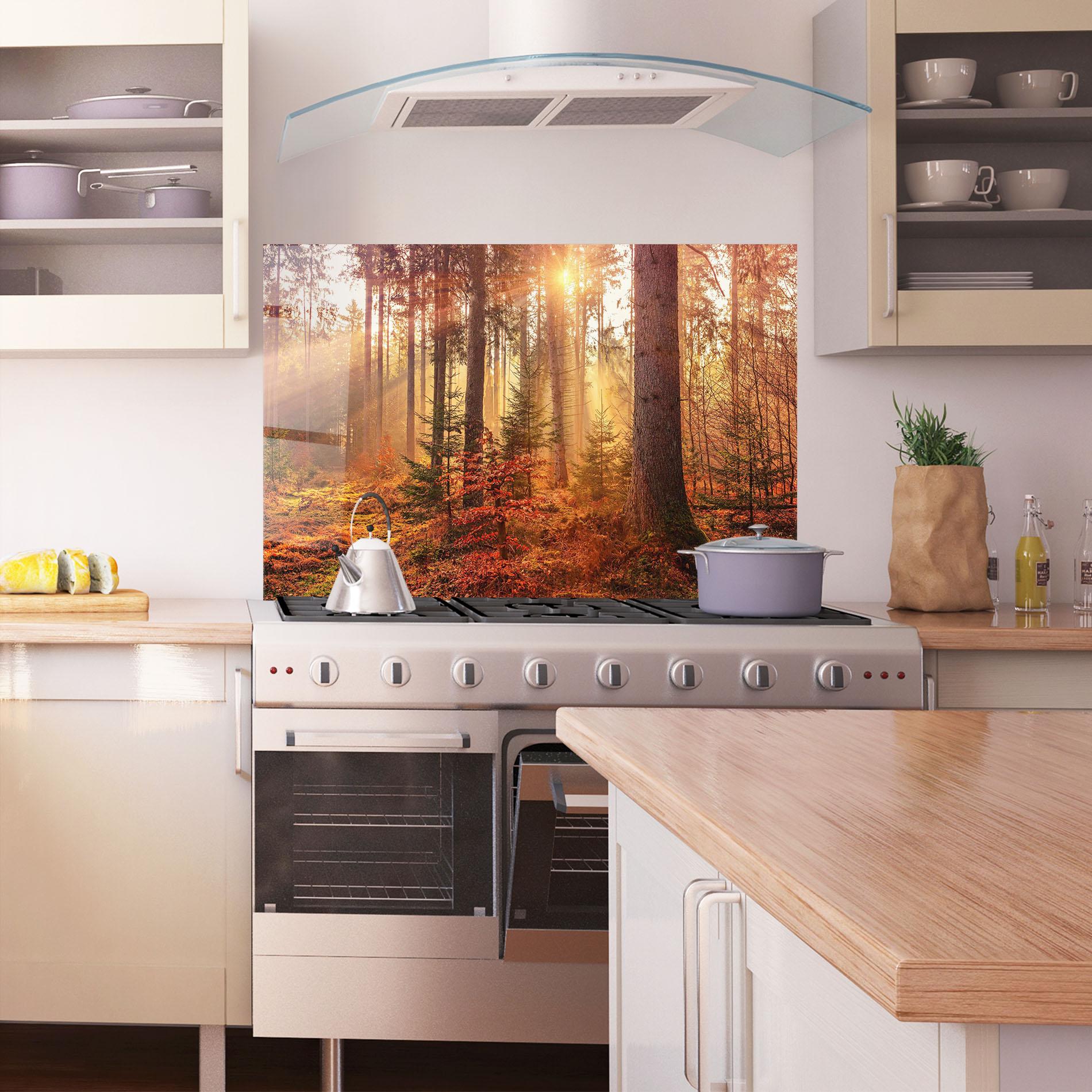 Konyhai üveg hátfal Orange Light Forest mockup 1