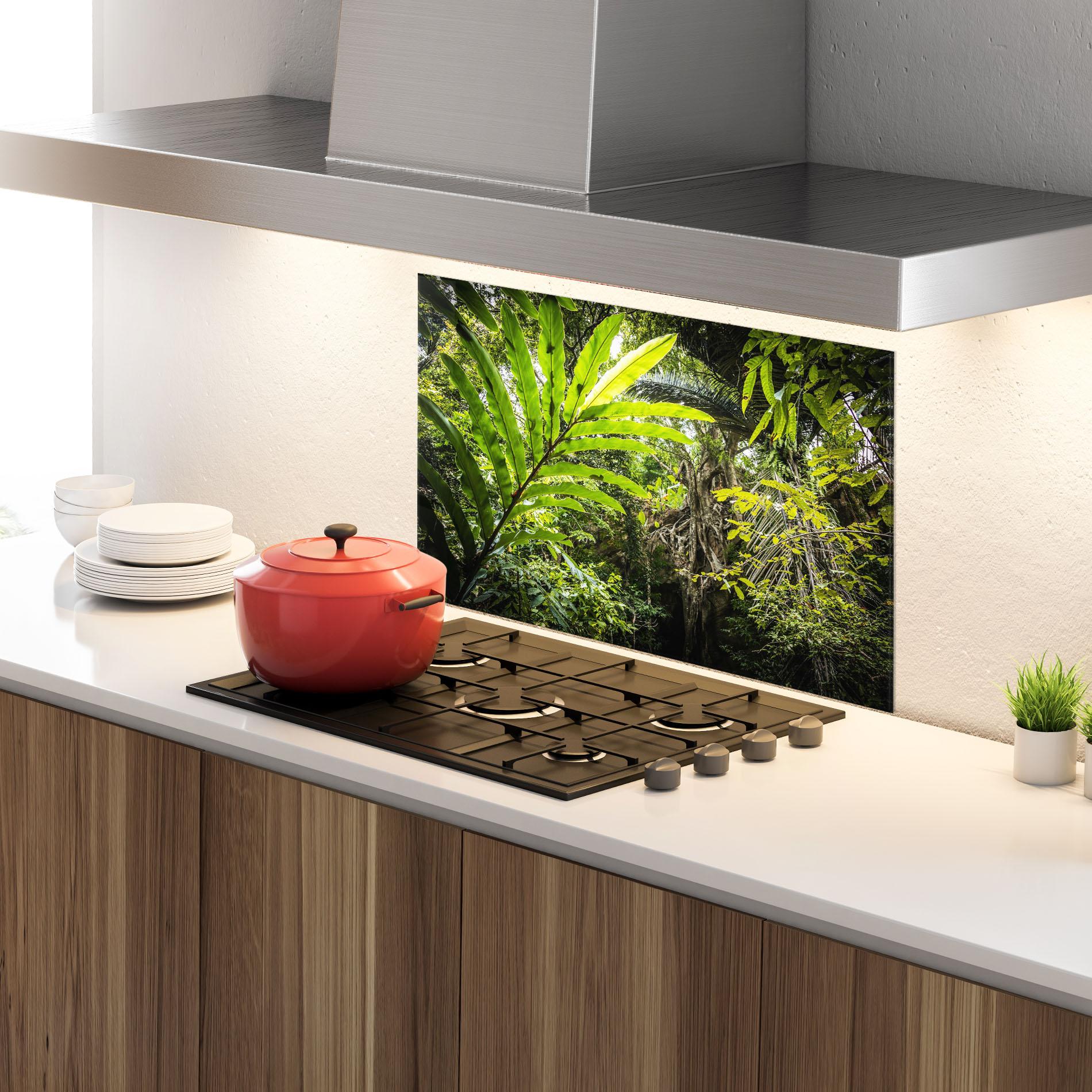Konyhai üveg hátfal Big Leaf Forest mockup 4