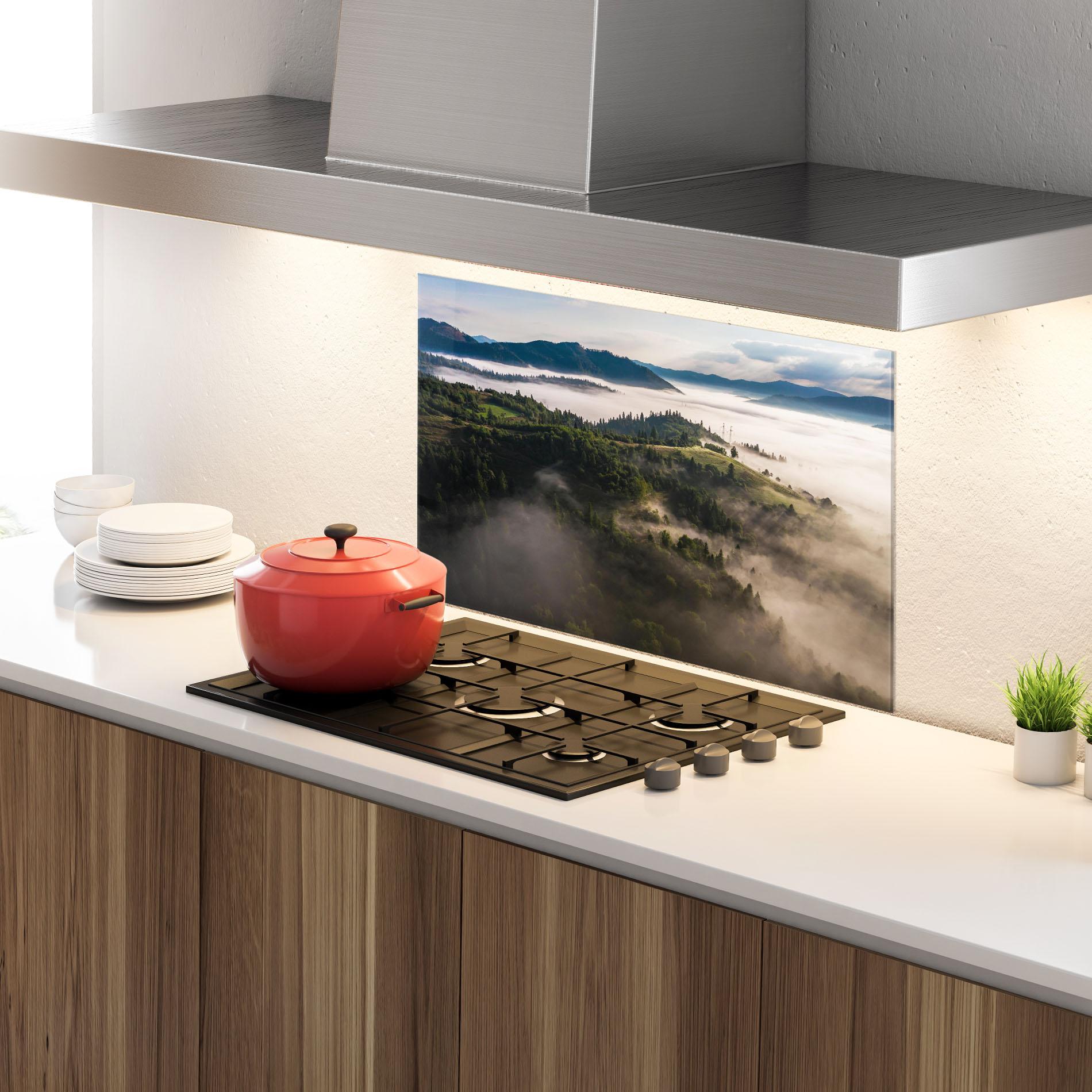 Konyhai üveg hátfal Foggy Forest View mockup 4