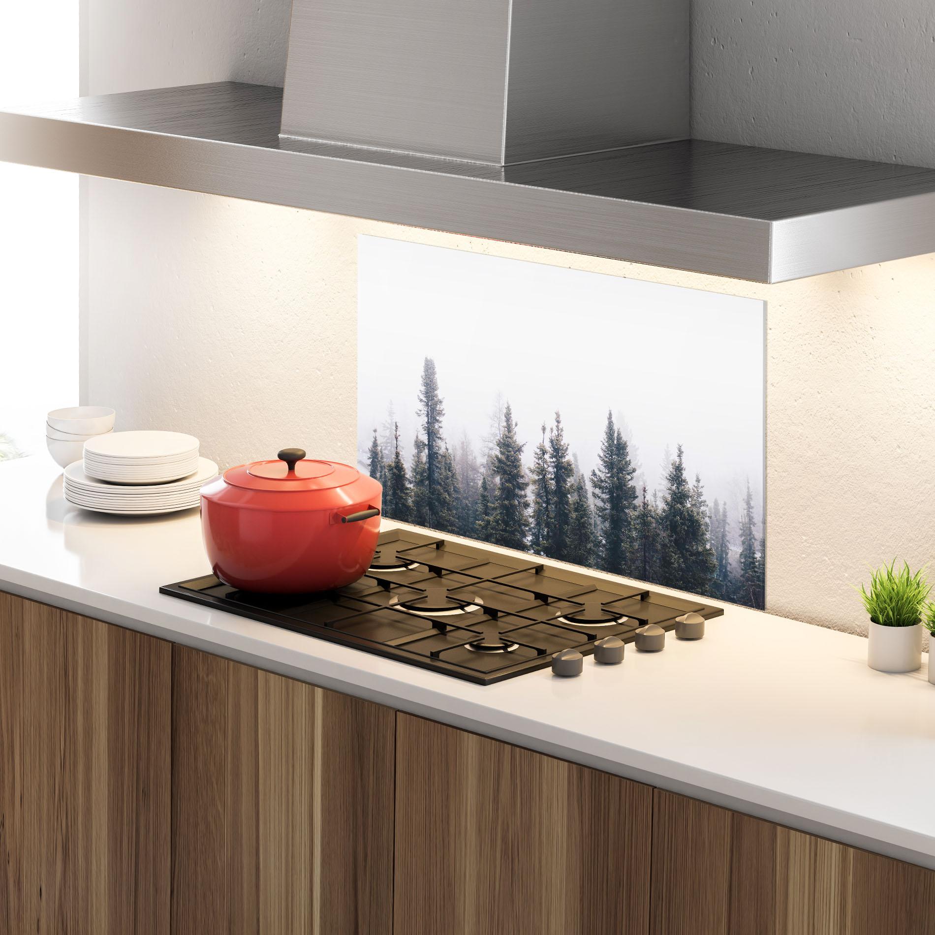 Konyhai üveg hátfal Grey Foggy Trees mockup 4