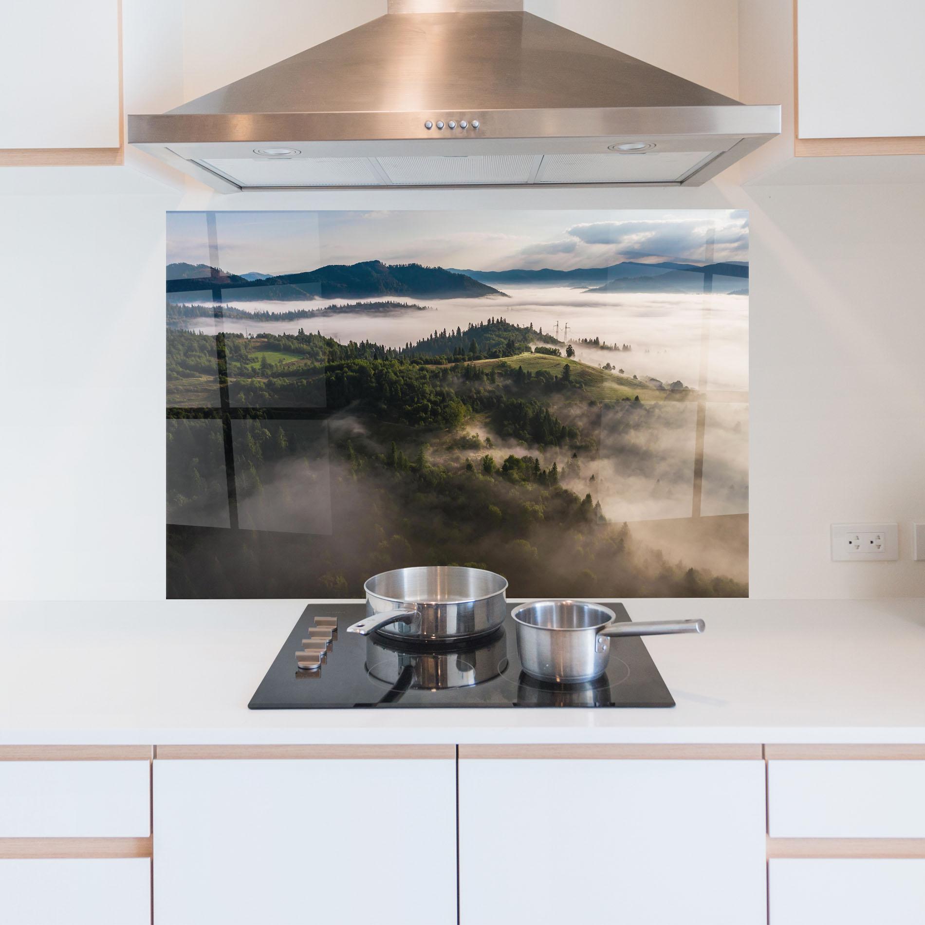 Konyhai üveg hátfal Foggy Forest View mockup 5