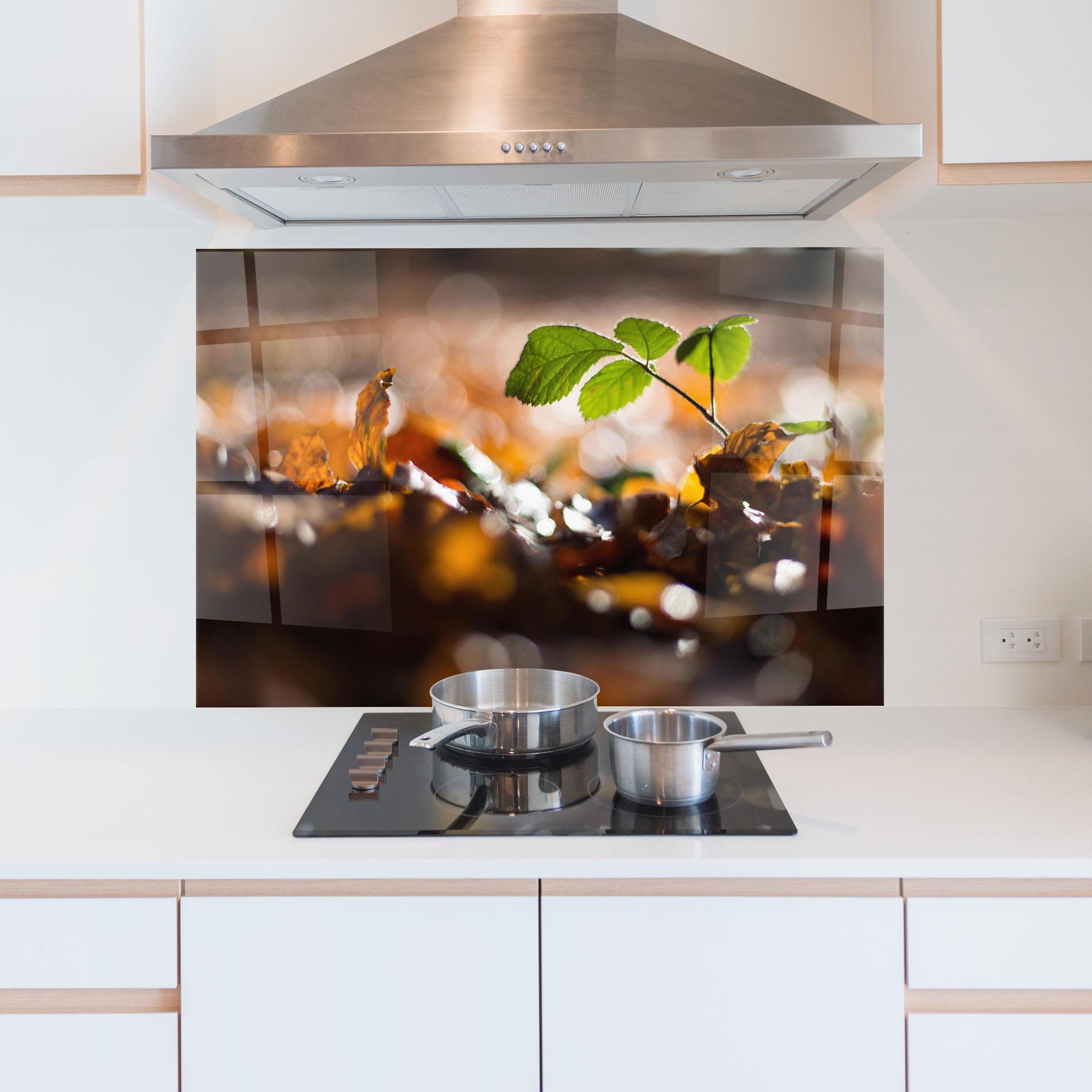 Konyhai üveg hátfal Green Leaf Autumn mockup 5