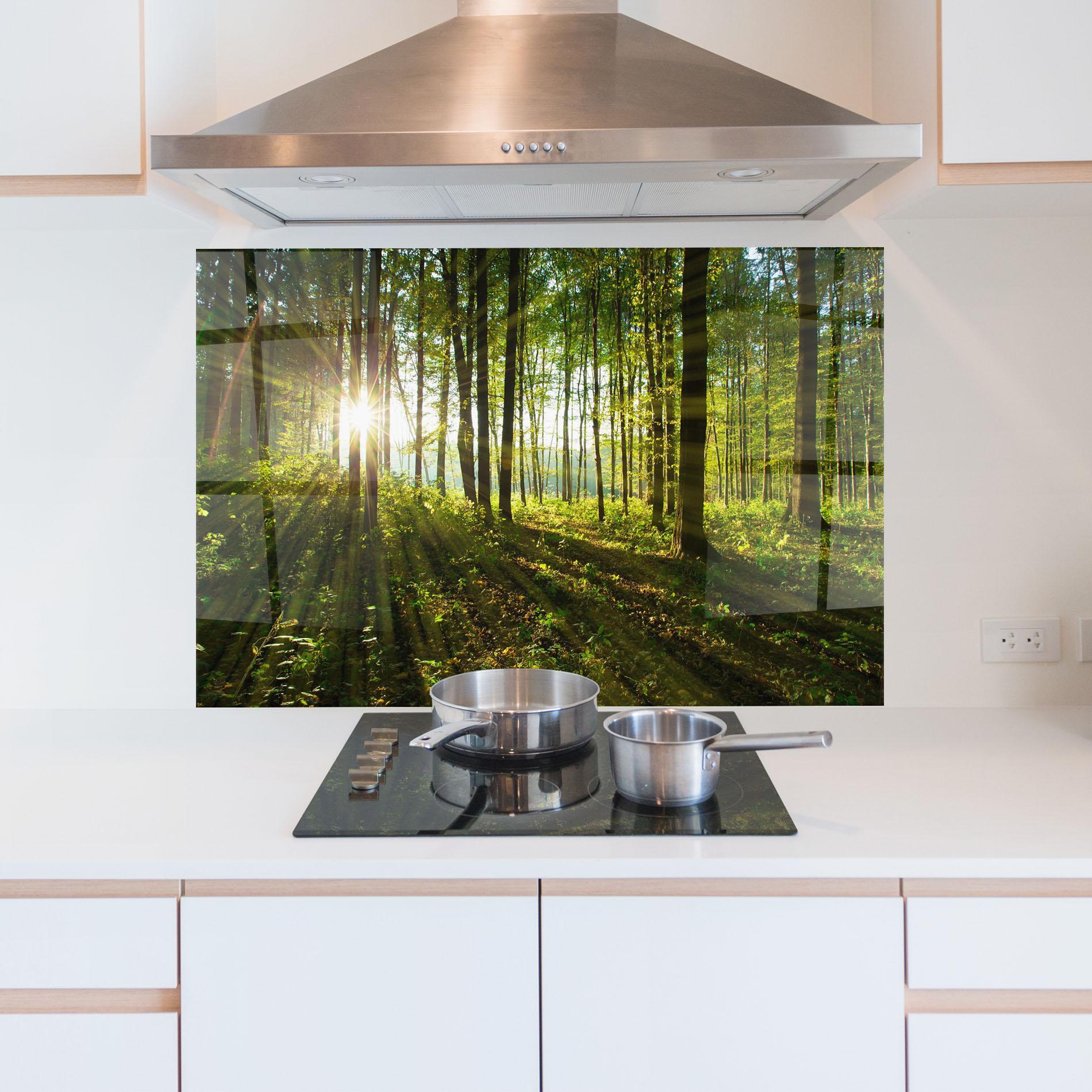 Konyhai üveg hátfal Green Light Forest mockup 5
