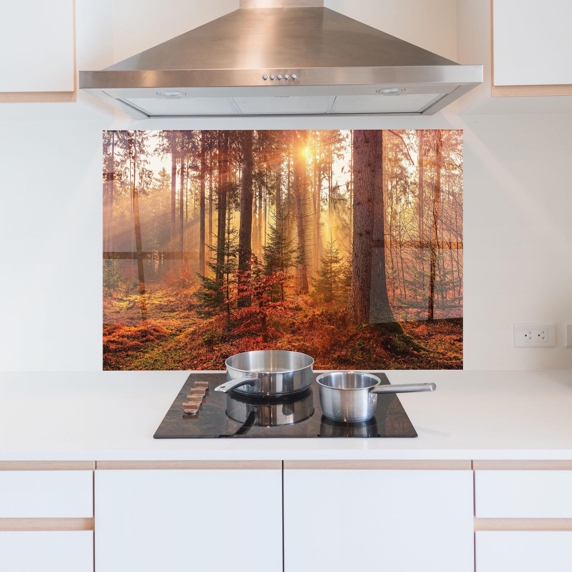 Konyhai üveg hátfal Orange Light Forest mockup 5