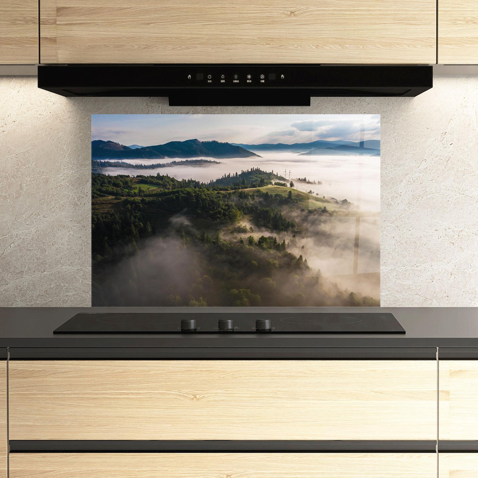 Konyhai üveg hátfal Foggy Forest View mockup 3