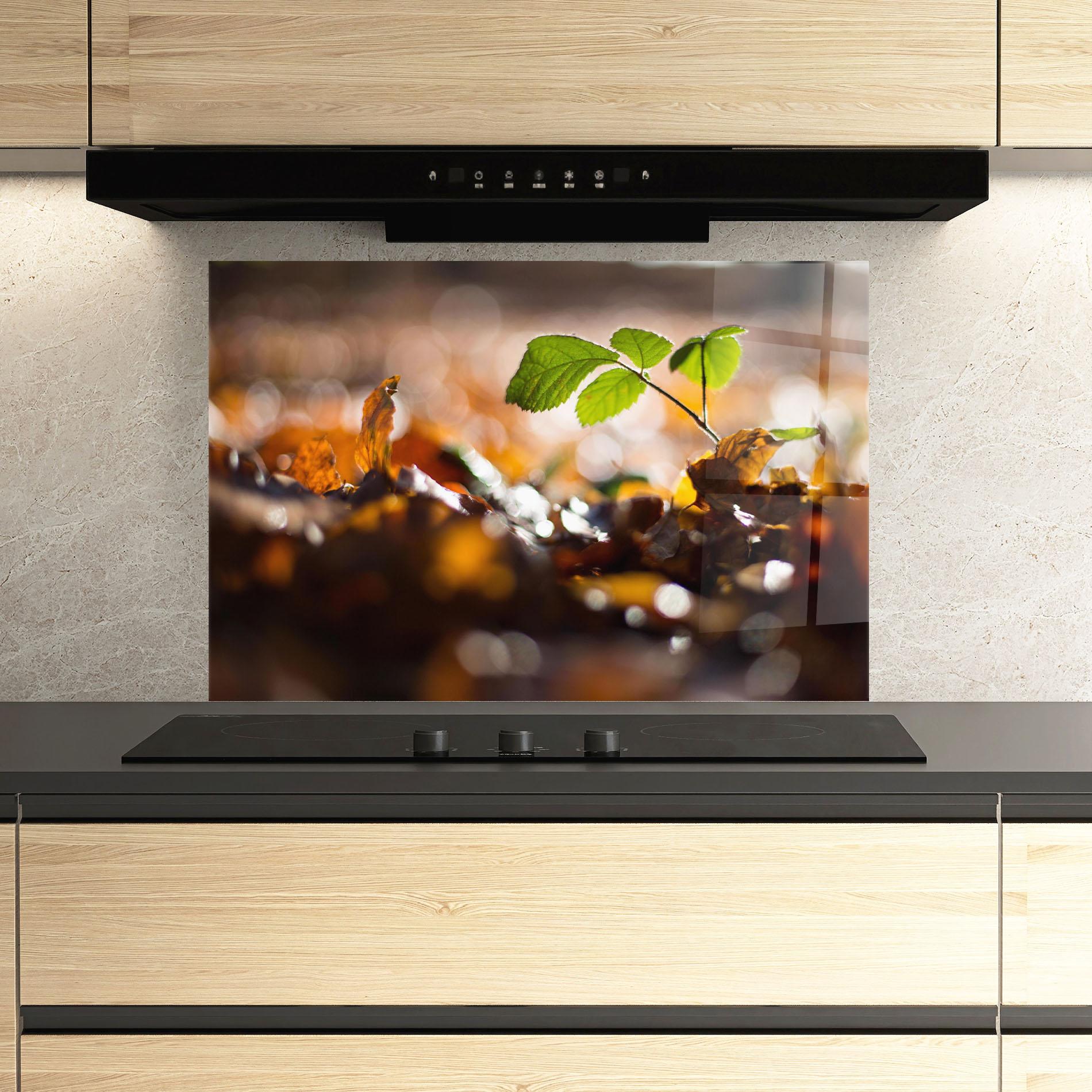 Konyhai üveg hátfal Green Leaf Autumn mockup 3