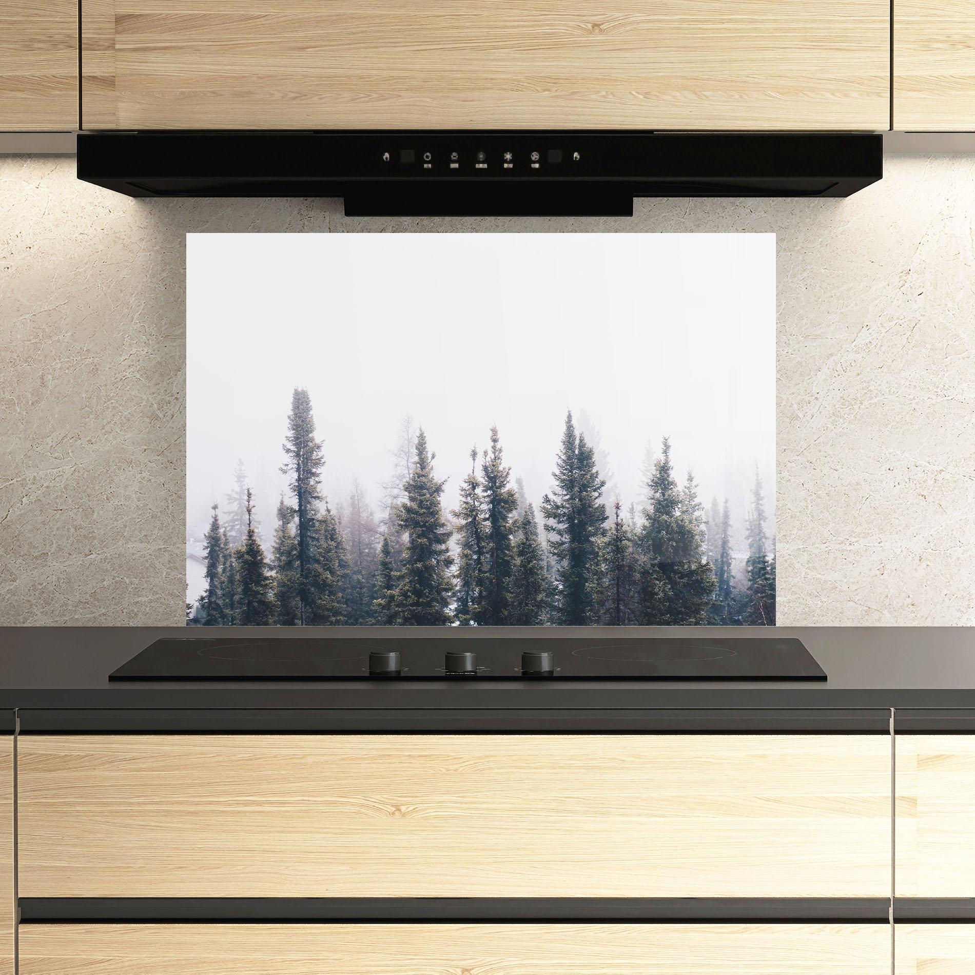 Konyhai üveg hátfal Grey Foggy Trees mockup 3