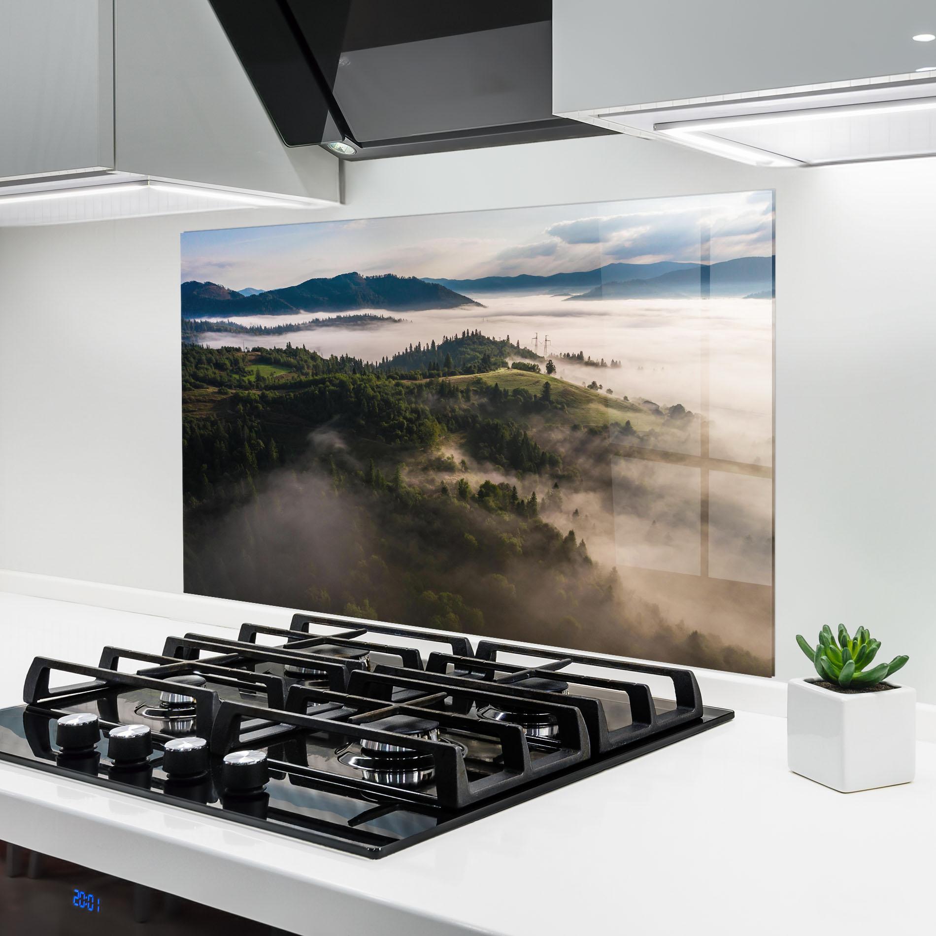 Konyhai üveg hátfal Foggy Forest View mockup 6