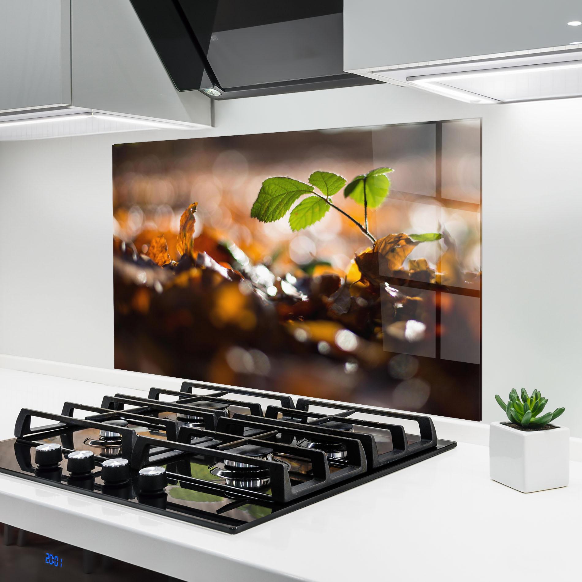Konyhai üveg hátfal Green Leaf Autumn mockup 6