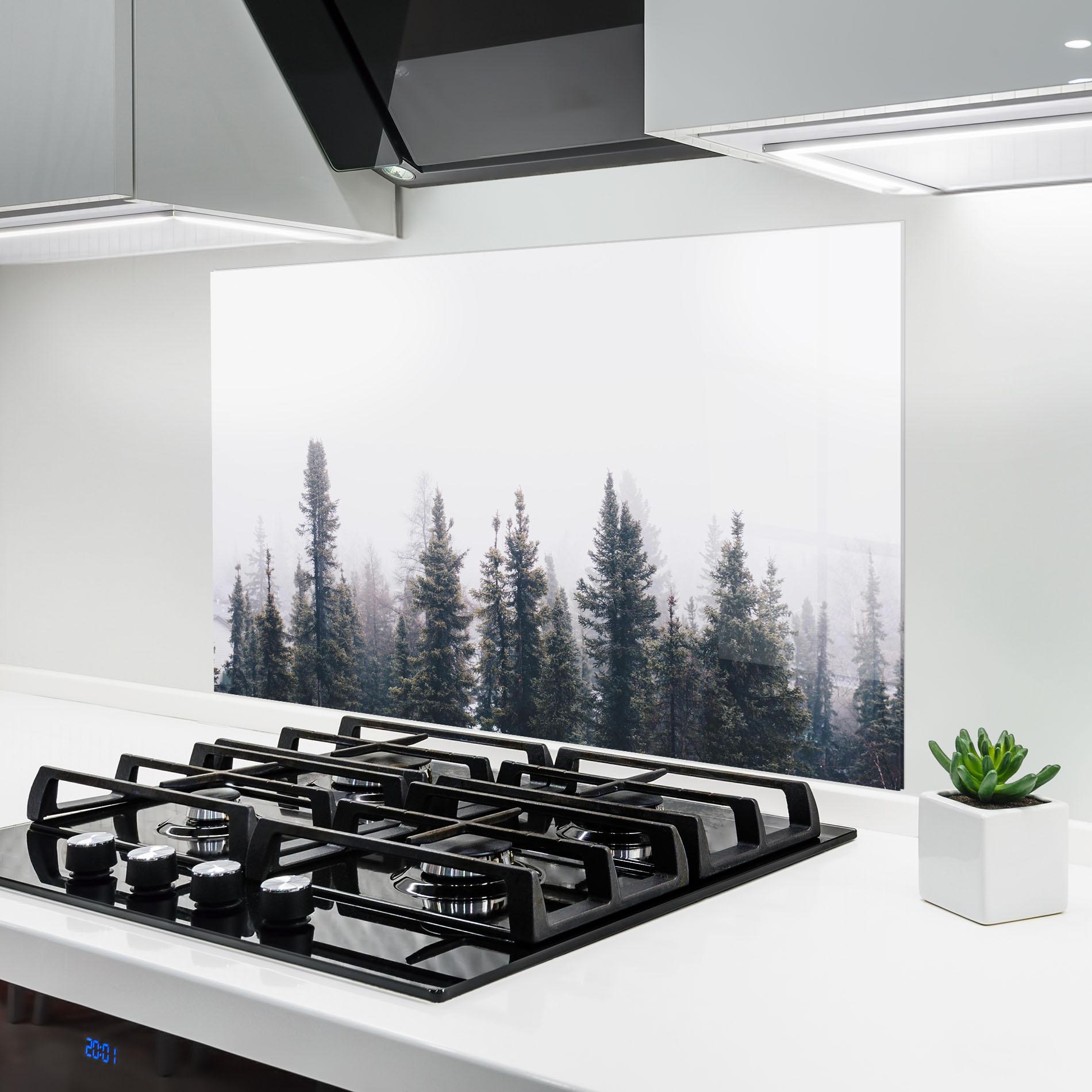 Konyhai üveg hátfal Grey Foggy Trees mockup 6