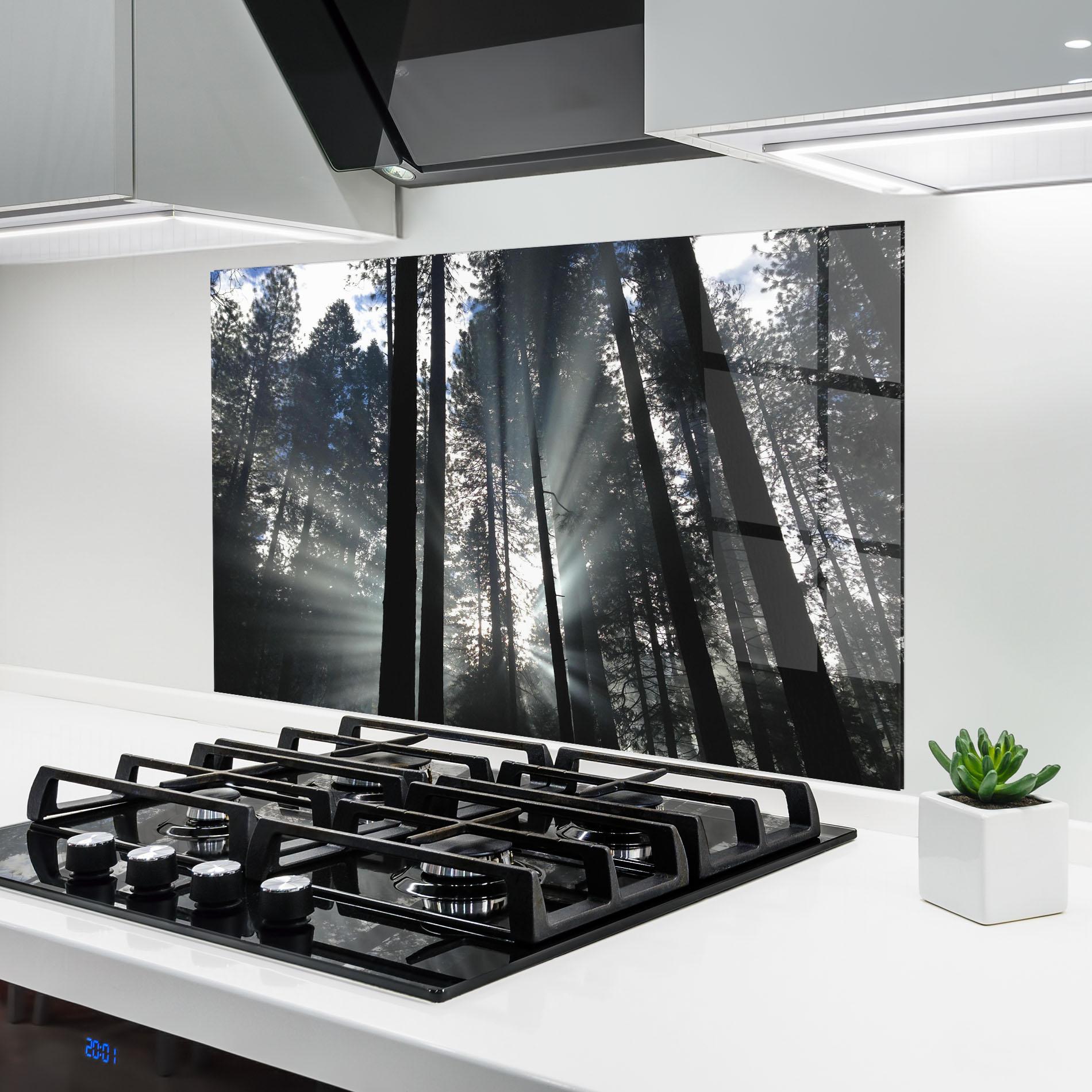 Konyhai üveg hátfal Morning Light Forest mockup 6