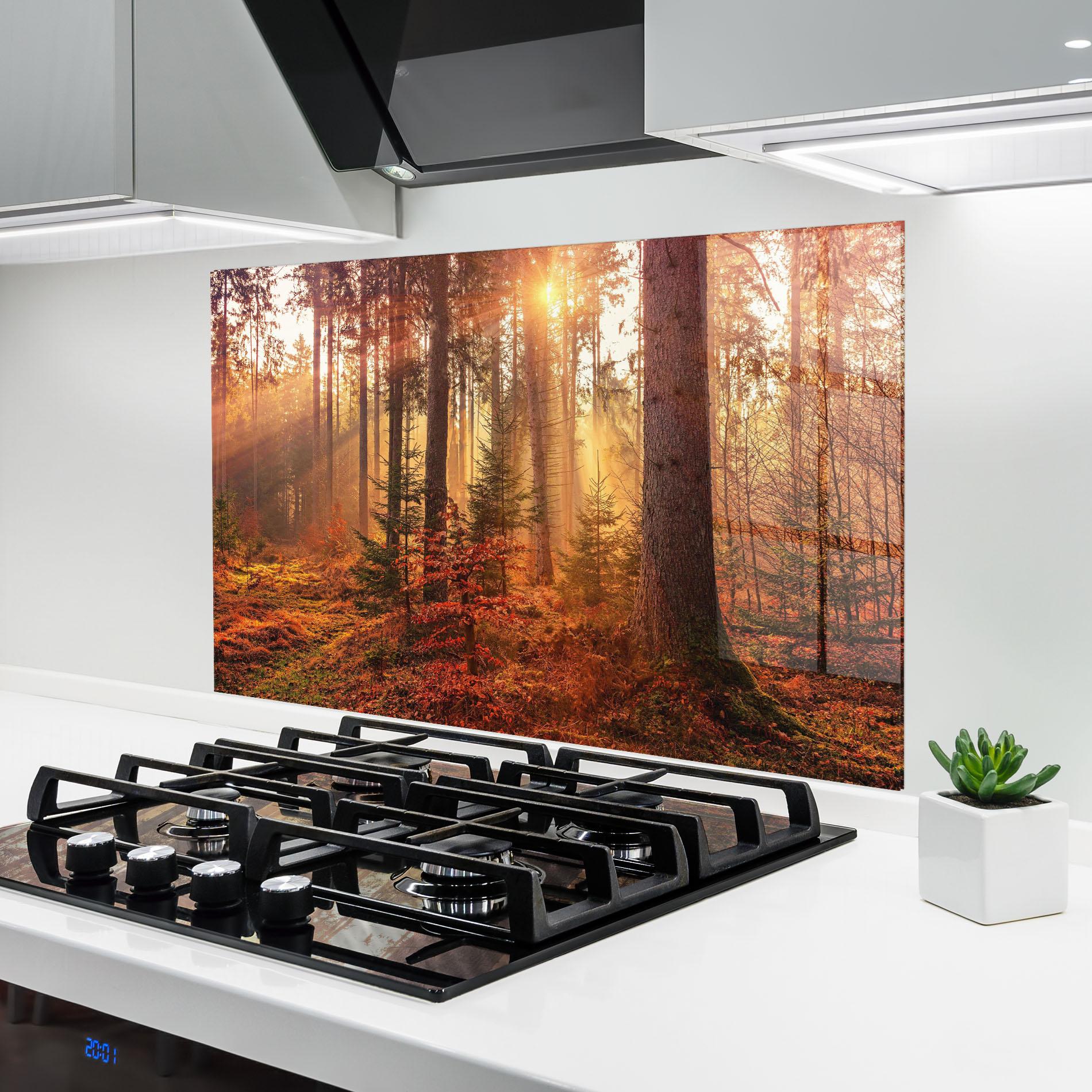 Konyhai üveg hátfal Orange Light Forest mockup 6